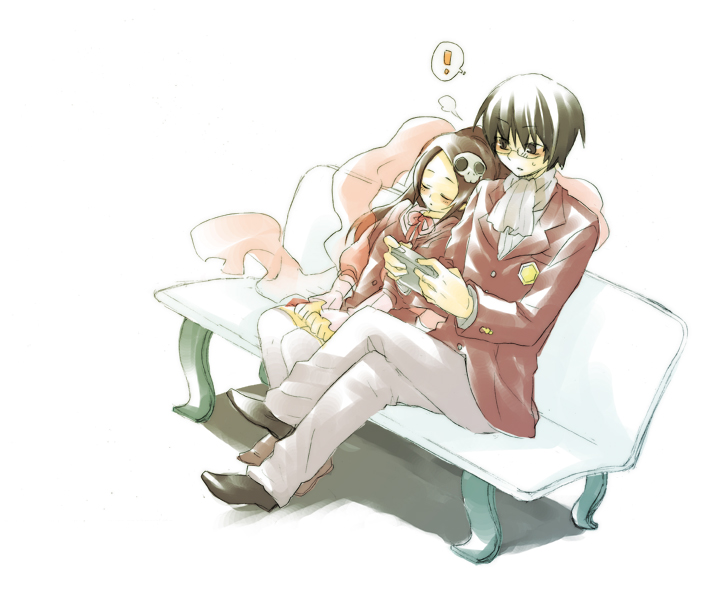 ima (pixiv 252961), imai641, elysia de lute ima, katsuragi keima, kami nomi zo shiru sekai, !, 1boy, 1girl, ascot, bench, black hair, blush, closed eyes, glasses, handheld game console, leaning on person, playstation portable, short hair, simple background, skull, sleeping, white background