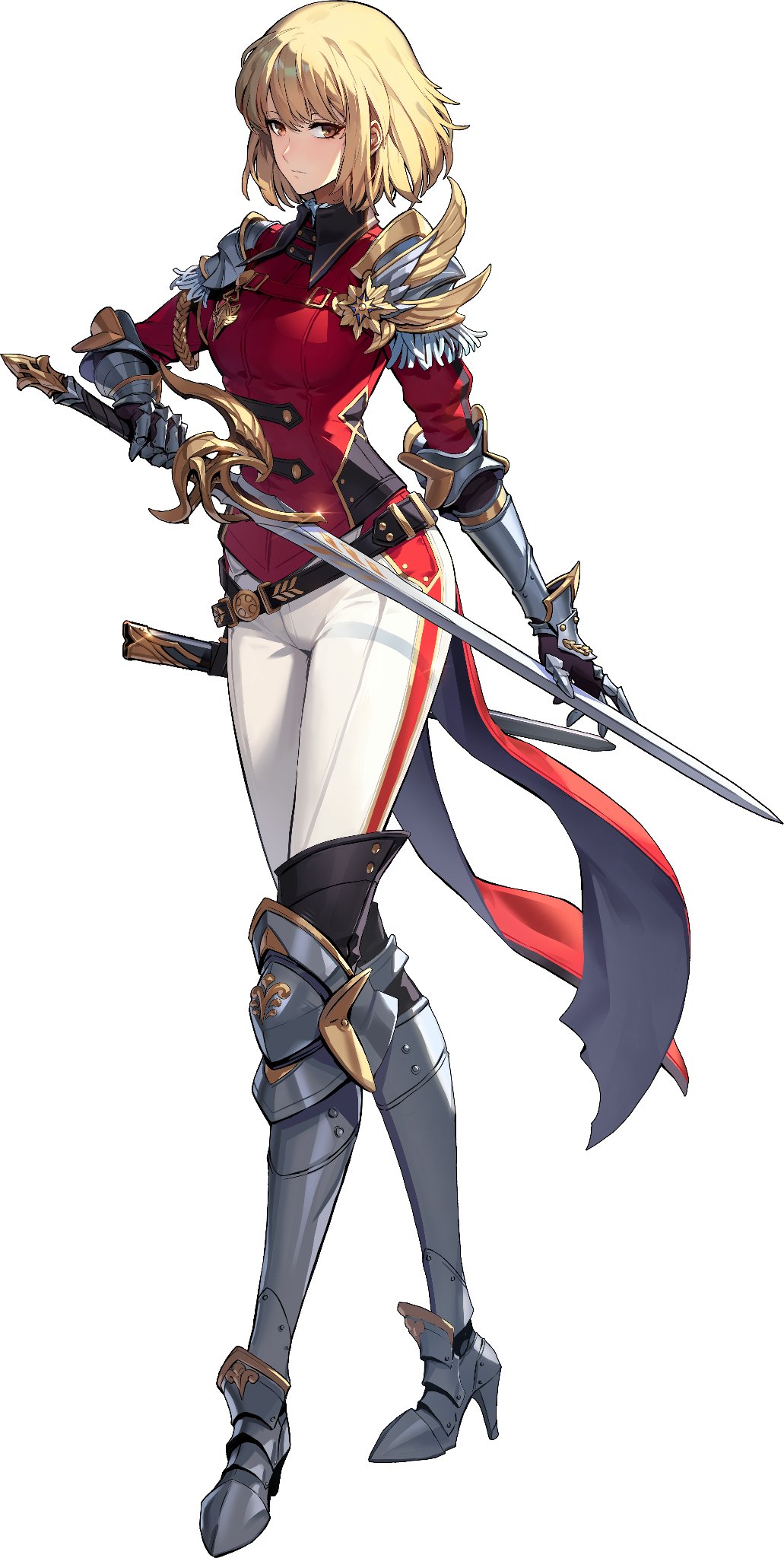 cha hae-in, solo leveling, solo leveling: arise, highres, official art, 1girl, armor, armored boots, blonde hair, boots, brown eyes, full body, gauntlets, high heel boots, high heels, holding, holding sword, holding weapon, knee boots, long sleeves, looking at viewer, pants, pauldrons, red jack armor, short hair, shoulder armor, simple background, solo, sword, weapon, white background, white pants
