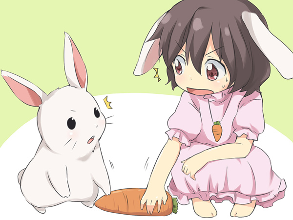 maruki (punchiki), inaba tewi, touhou, bad id, bad pixiv id, 1girl, ^^^, animal ears, barefoot, brown hair, carrot, dress, eye contact, female focus, jewelry, looking at another, open mouth, pendant, pink dress, pink eyes, rabbit, rabbit ears, short hair, solo, squatting, sweat