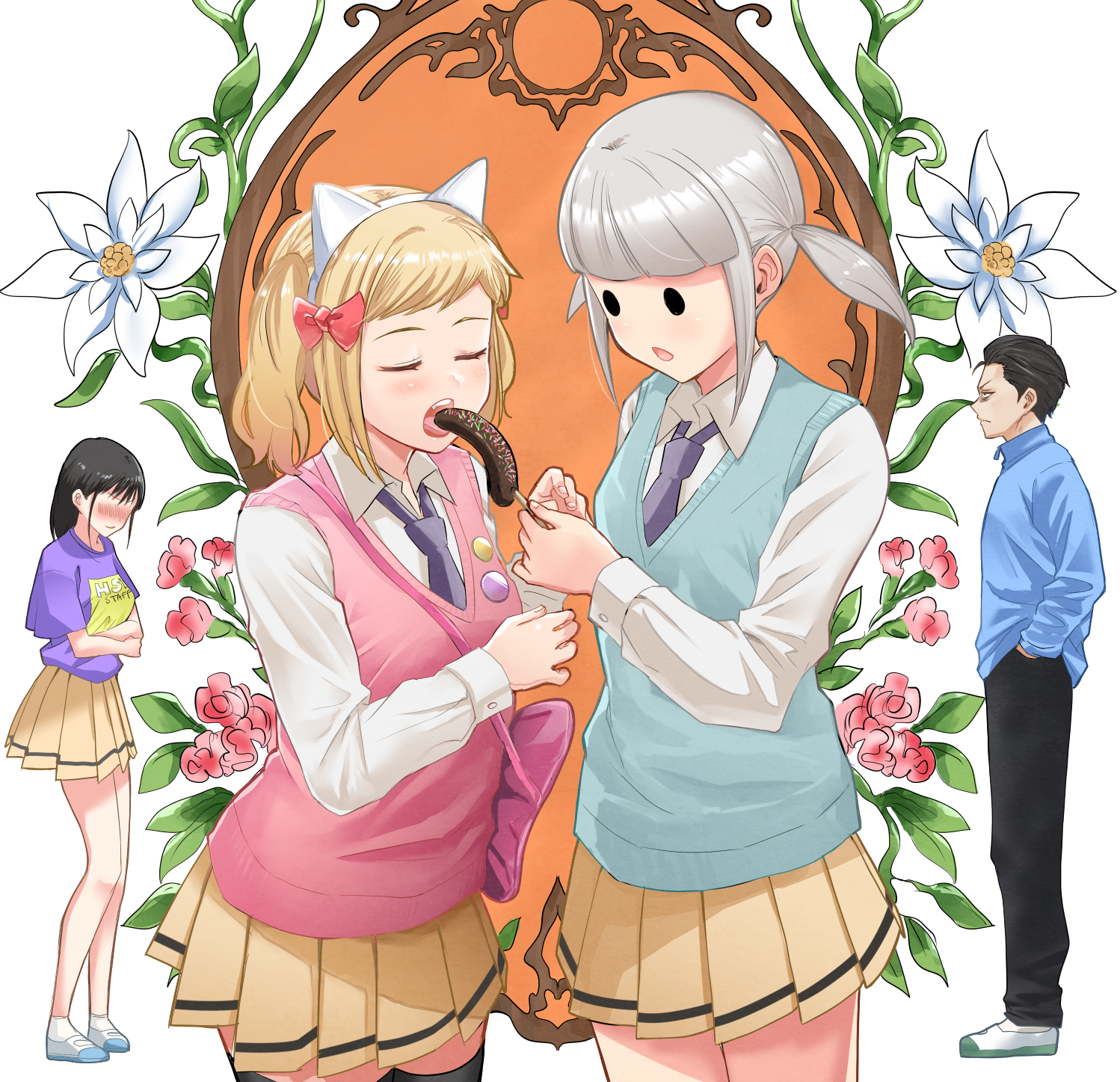 okiru, futaki shiki, kuroki tomoki, mima sachi, minami koharu, watashi ga motenai no wa dou kangaetemo omaera ga warui!, white lily, commentary request, highres, 1boy, 3girls, angry, animal ear hairband, animal ears, badge, bag, bags under eyes, banana, black hair, black pants, black thighhighs, blonde hair, blue shirt, blue sweater vest, blush, bow, button badge, cat ear hairband, cat ears, chocolate-covered food, chocolate banana, closed eyes, clothes writing, collared shirt, crossed arms, faceless, faceless female, fake animal ears, feeding, flower, food, fruit, grey hair, hair bow, hairband, hand in pocket, holding, holding food, lily (flower), long hair, long sleeves, miniskirt, multiple girls, necktie, open mouth, pants, pink bag, pink bow, pink flower, pink sweater vest, pleated skirt, print shirt, purple necktie, purple shirt, school uniform, shirt, shoes, short hair, short sleeves, shoulder bag, sidelocks, skirt, solid circle eyes, sprinkles, standing, sweater vest, teeth, thighhighs, twintails, upper teeth only, uwabaki, white flower, white hairband, white shirt, white shoes, yellow skirt