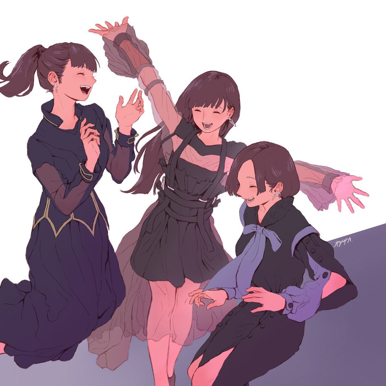 otsuzaka, a~chan, kashiyuka, nocchi (perfume), perfume (band), real life, commentary, highres, 3girls, ^ ^, arm up, black dress, blue dress, blunt bangs, bob cut, brown hair, closed eyes, dress, earrings, hair behind ear, jewelry, long hair, multiple girls, outstretched arm, see-through clothes, see-through dress, see-through sleeves
