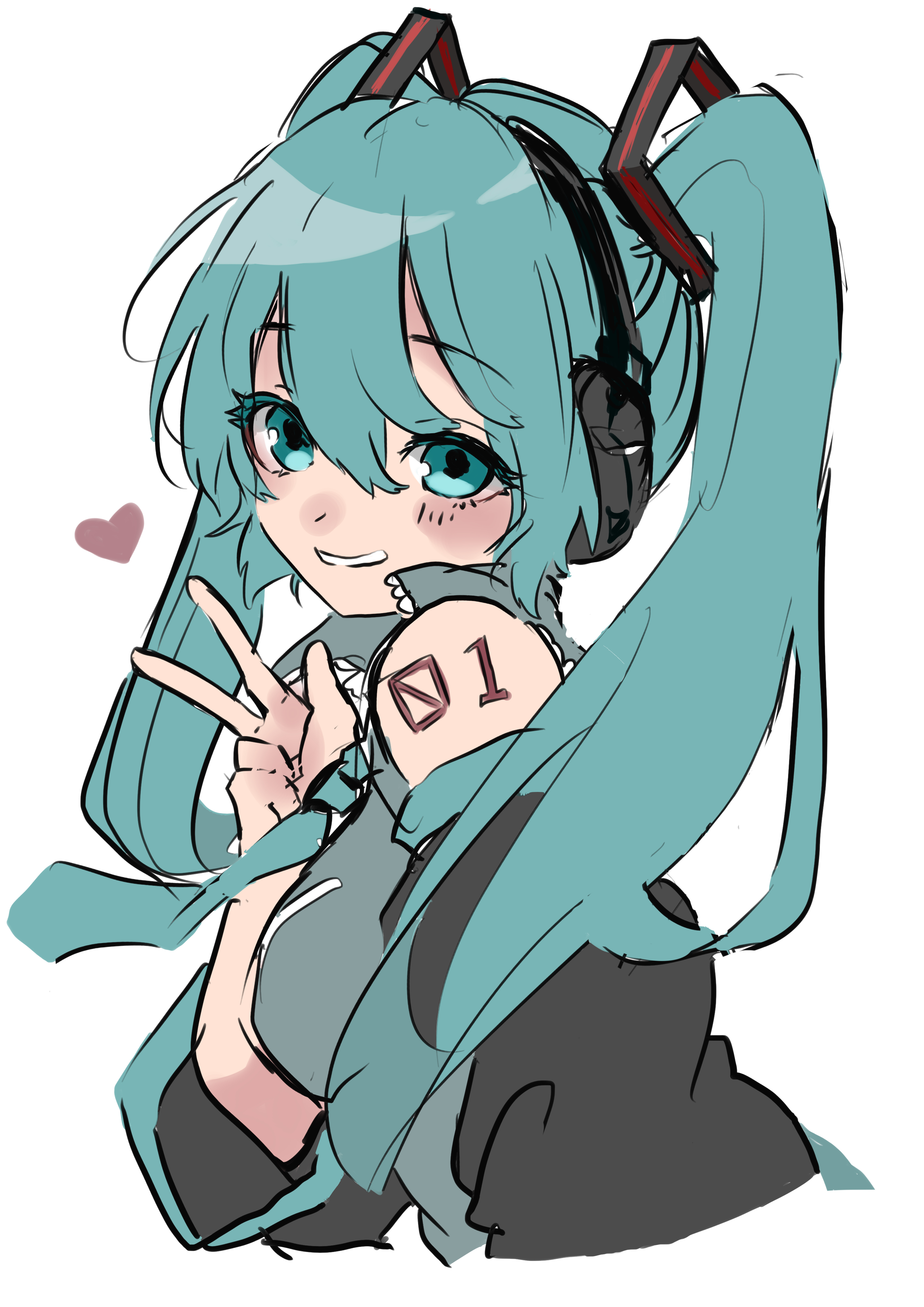 naguno-0713, hatsune miku, vocaloid, absurdres, commentary request, highres, 1girl, aqua eyes, aqua hair, aqua necktie, black sleeves, blush, breasts, collared shirt, detached sleeves, grey shirt, hair between eyes, heart, looking at viewer, necktie, number tattoo, shirt, shoulder tattoo, sketch, solo, tattoo, teeth, twintails, white background
