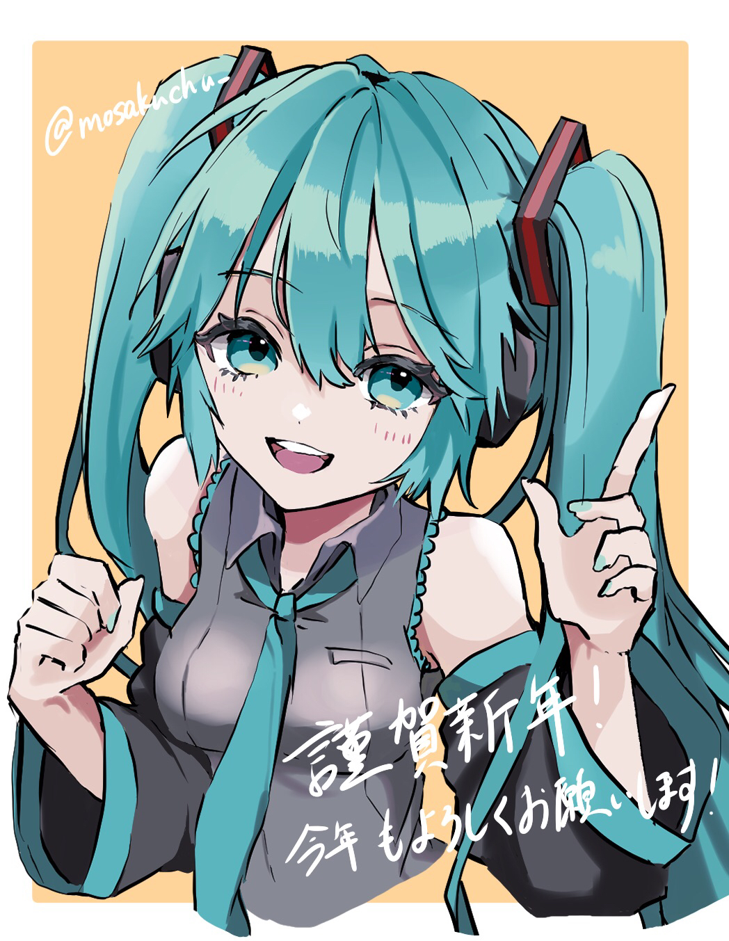 naguno-0713, hatsune miku, vocaloid, highres, translation request, 1girl, :d, aqua eyes, aqua hair, aqua necktie, black sleeves, breasts, collared shirt, cropped torso, detached sleeves, fingernails, green nails, grey shirt, hair between eyes, index finger raised, long hair, long sleeves, looking at viewer, nail polish, necktie, open mouth, shirt, sleeveless, sleeveless shirt, smile, solo, teeth, tongue, twintails, twitter username, upper teeth only