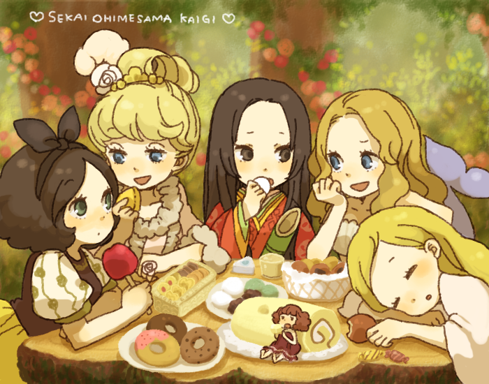 yukke, cinderella (character), cinderella (fairy tale character), kaguya hime, sleeping beauty (fairy tale character), snow white (fairy tale character), the little mermaid (andersen), thumbelina (andersen), andersen's fairy tales, cinderella (fairy tale), sleeping beauty (disney), sleeping beauty (fairy tale), snow white (fairy tale), taketori monogatari, 5girls, apple, bamboo, black hair, blonde hair, blue eyes, bow, brown eyes, cookie, donut, dress, eating, food, fruit, gown, green eyes, hair bow, japanese clothes, juunihitoe, kimono, layered clothes, layered kimono, macaron, mermaid, mini person, minigirl, monster girl, multiple girls, pastry, princess, senbei, sleeping