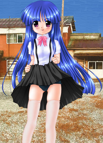 satau (psg), furude rika, higurashi no naku koro ni, md5 mismatch, resized, 00s, 1girl, blue hair, bow, building, clothes lift, dress, dress lift, female focus, long hair, one-piece swimsuit, photo background, pink bow, purple eyes, school swimsuit, school uniform, skindentation, skirt, skirt lift, solo, suspender skirt, suspenders, swimsuit, swimsuit under clothes, thighhighs, tongue, white thighhighs