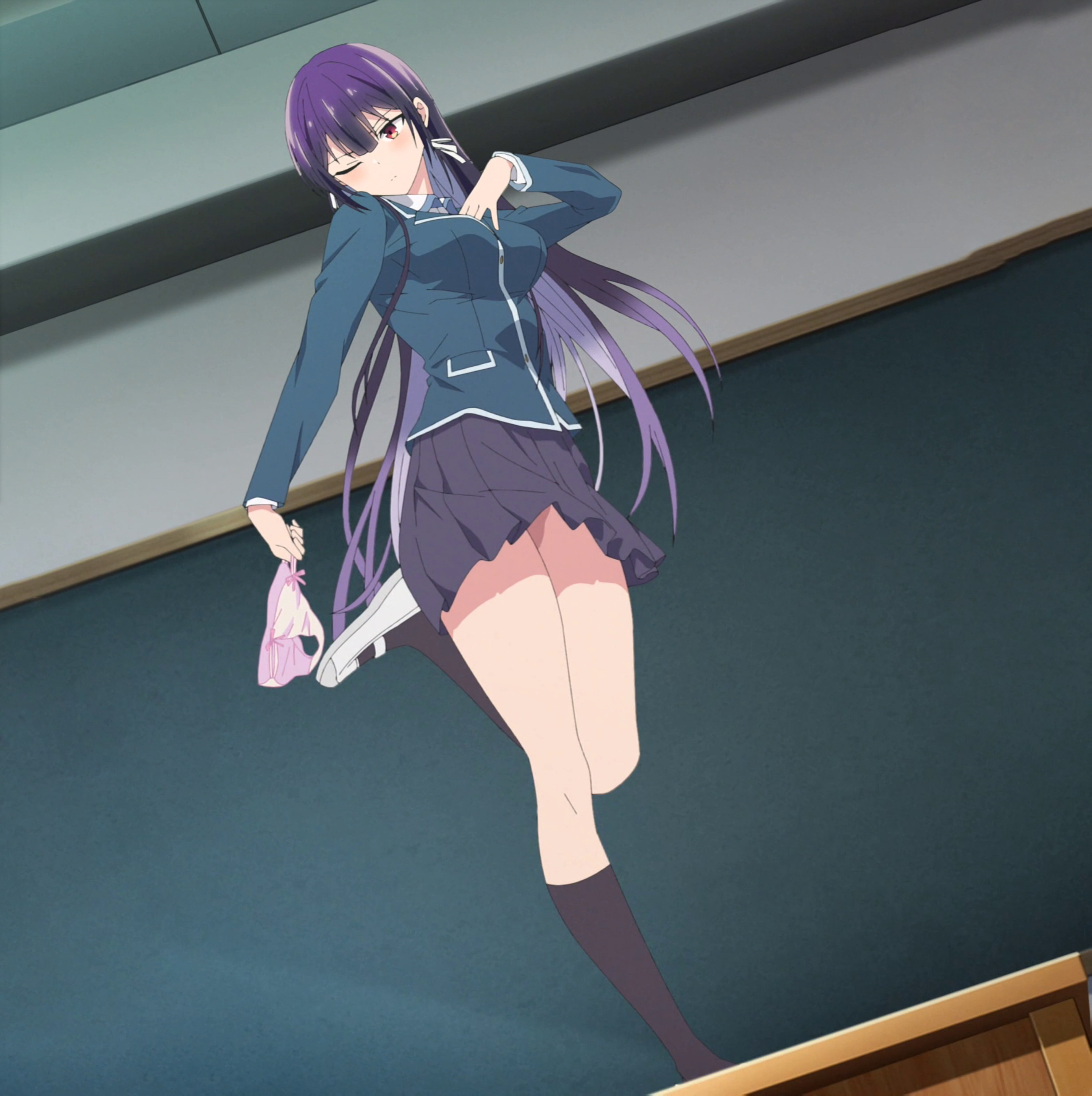 takamine takane, haite kudasai takamine-san, absurdres, anime screenshot, highres, stitched, third-party edit, 1girl, black skirt, black socks, blazer, chalkboard, classroom, closed mouth, colored inner hair, female focus, full body, hair ribbon, holding, holding panties, holding underwear, holding unworn clothes, indoors, jacket, kneehighs, long hair, long sleeves, multicolored hair, on table, one eye closed, panties, pink panties, pleated skirt, purple hair, red eyes, ribbon, school uniform, shoes, skirt, socks, solo, standing, standing on one leg, table, thighs, two-tone hair, underwear, uwabaki, very long hair, white ribbon, white shoes