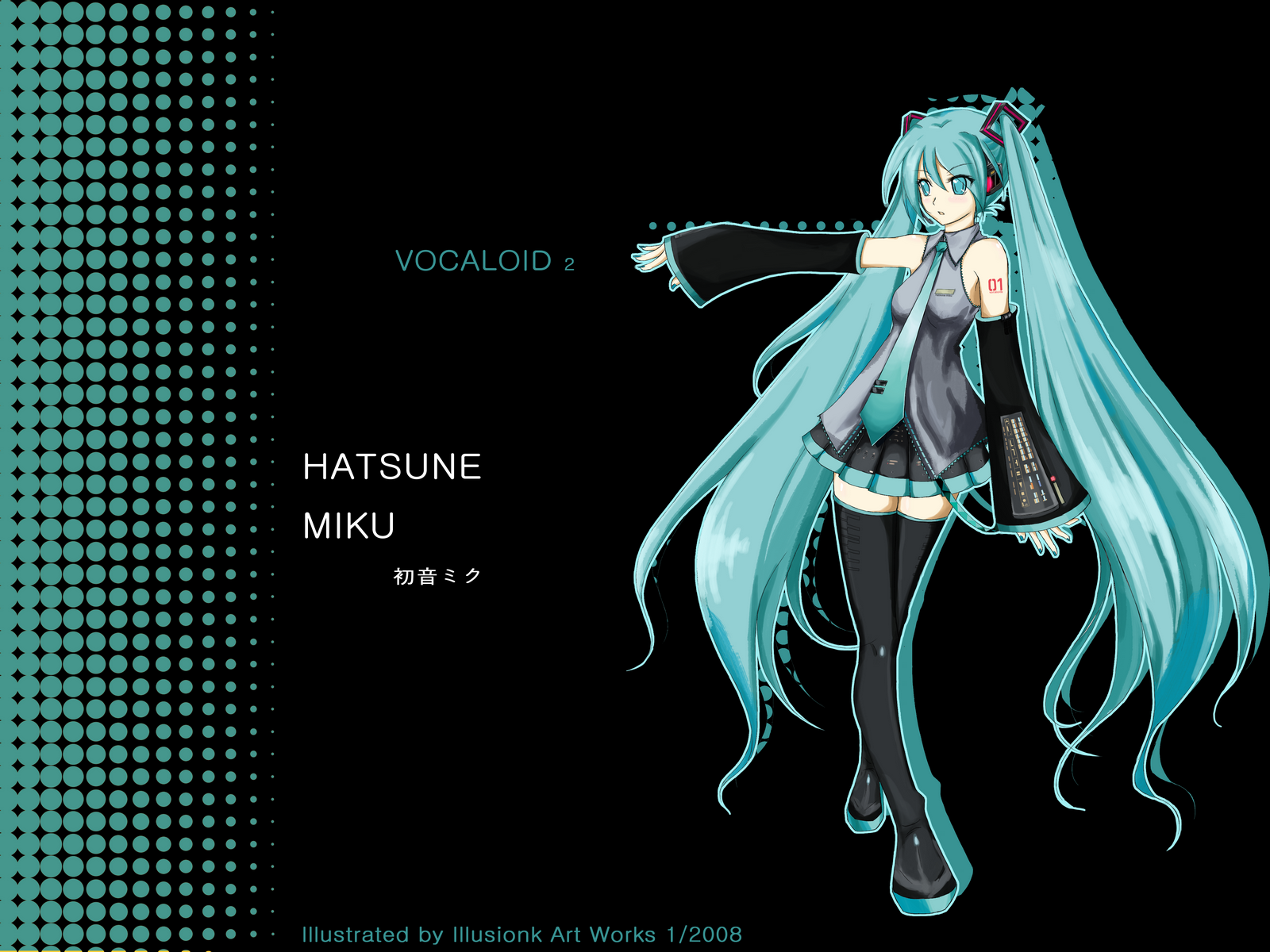 illusionk, hatsune miku, vocaloid, highres, detached sleeves, long hair, nail polish, necktie, solo, thighhighs, twintails, very long hair
