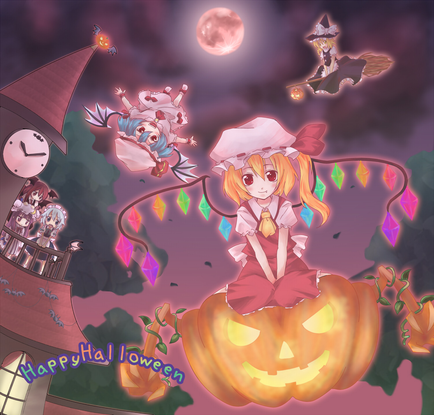 yonyon, flandre scarlet, izayoi sakuya, kirisame marisa, koakuma, patchouli knowledge, remilia scarlet, embodiment of scarlet devil, touhou, bad id, bad pixiv id, highres, 6+girls, blonde hair, fang, female focus, halloween, happy halloween, jack-o'-lantern, moon, multiple girls, pumpkin, red moon