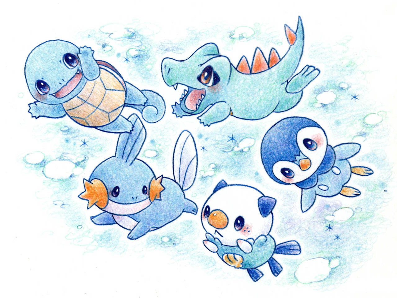 polkadot (mocopeng), mudkip, oshawott, piplup, squirtle, totodile, nintendo, pokemon, black eyes, blue eyes, blue theme, blush, brown eyes, gen 1 pokemon, gen 2 pokemon, gen 3 pokemon, gen 4 pokemon, gen 5 pokemon, no humans, open mouth, pokemon (creature), smile