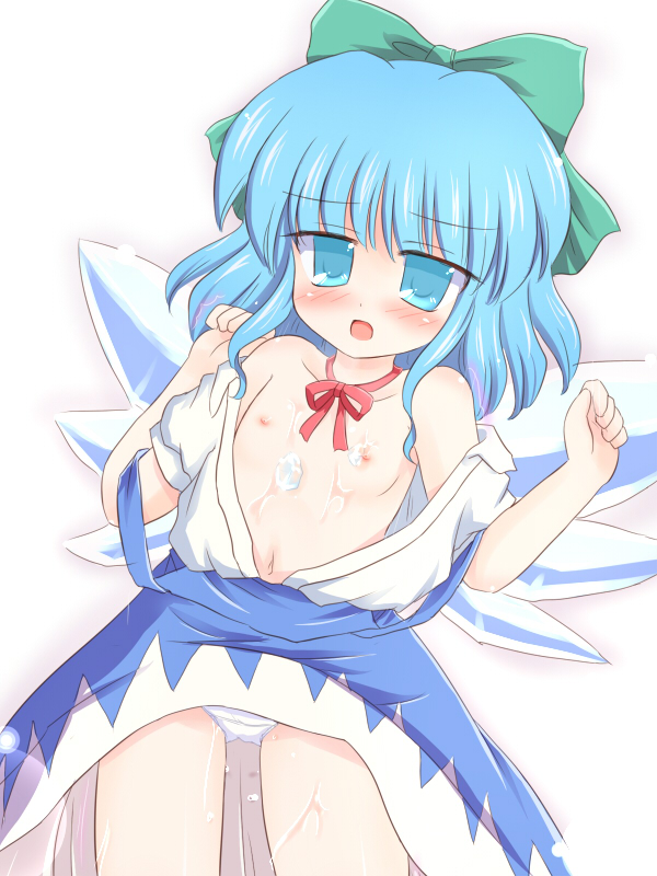 ry (yagoyago), cirno, shoot the bullet, touhou, cum, cum on body, flat chest, loli, nipples, off shoulder, panties, ribbon, solo, underwear, wings