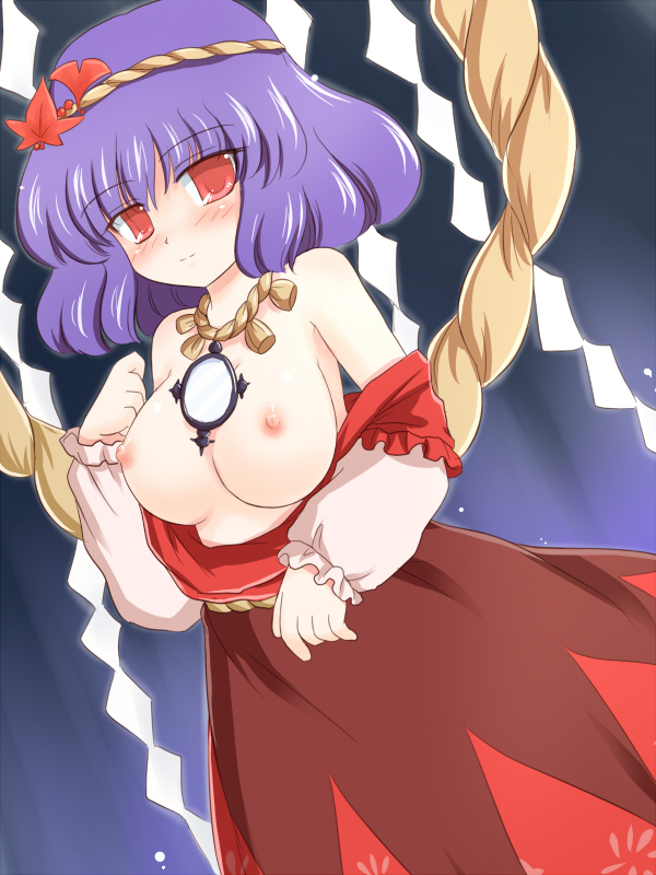 ry (yagoyago), yasaka kanako, touhou, 1girl, blush, breasts, clothes pull, dress, dress pull, female focus, hair ornament, leaf, leaf hair ornament, nipples, no bra, purple hair, red eyes, rope, shimenawa, solo