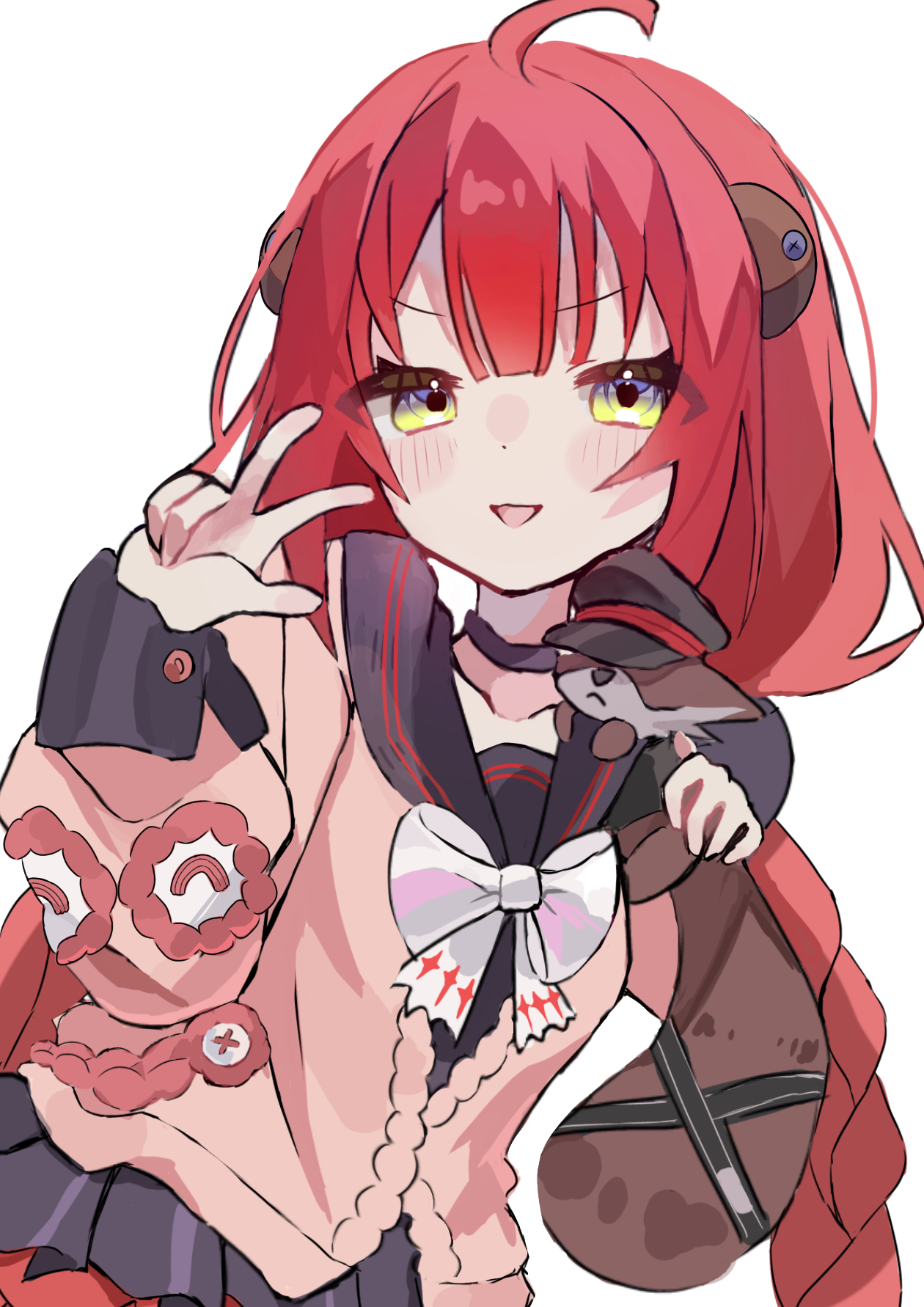 kamanosuke (zenless zone zero), ukinami yuzuha, zenless zone zero, braided twintails, highres, 1girl, animal on back, bow, braid, cardigan, chest bow, green eyes, hair ornament, hearing aid, heart, heart-shaped eyewear, long hair, looking at viewer, pink cardigan, raccoon, red hair, smile, solo, sphere hair ornament, tanuki, twin braids, twintails, user wwcd3884, very long hair