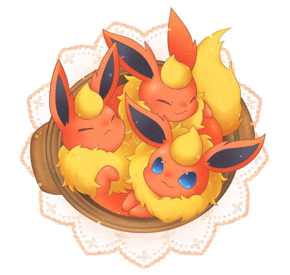 ten'on (amane09), flareon, nintendo, pokemon, :<, :3, blue eyes, closed eyes, gen 1 pokemon, no humans, pokemon (creature), simple background, smile
