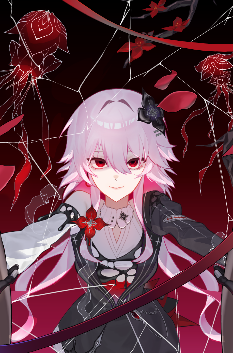 lseesl1, evernight (honkai: star rail), march 7th (honkai: star rail), honkai: star rail, honkai (series), commentary request, highres, korean commentary, 1girl, black dress, black flower, broken glass, closed mouth, cowboy shot, dress, earrings, flower, flower ornament, glass, hair between eyes, hair flower, hair ornament, jewelry, long hair, long sleeves, looking at viewer, official alternate eye color, outstretched arms, pink hair, red eyes, single earring, solo