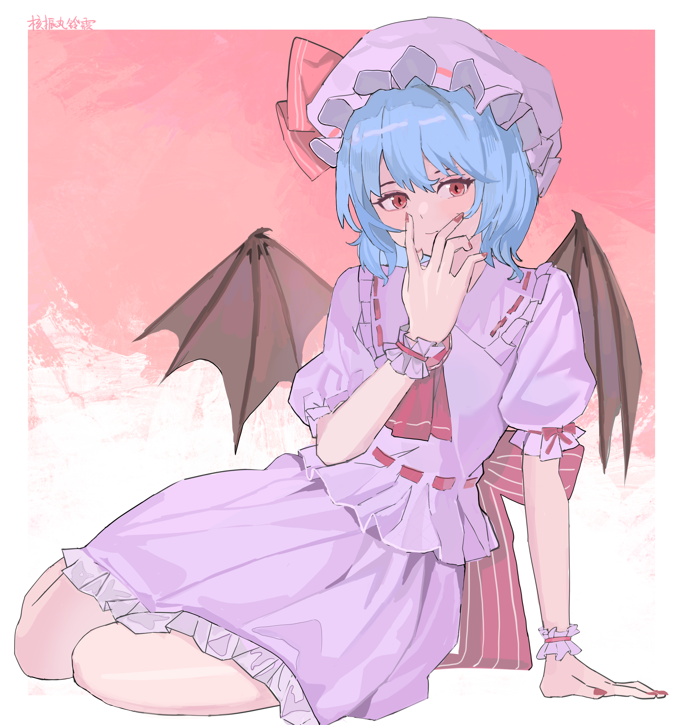 remilia scarlet, touhou, absurdres, highres, 1girl, artist name, ascot, bat wings, bow, frilled cuffs, frilled hat, frilled shirt, frilled skirt, frilled sleeves, frills, hair between eyes, hand on own face, hand up, hat, hat ribbon, kakuburi marurin arare, mob cap, nail polish, pink hat, pink shirt, puffy short sleeves, puffy sleeves, purple hair, red ascot, red bow, red eyes, red nails, red ribbon, ribbon, shirt, short hair, short sleeves, sitting, skirt, solo, waist bow, wings, wrist cuffs, yokozuwari