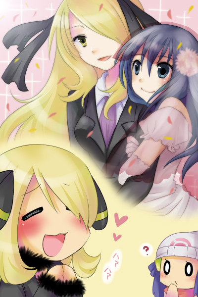sebun, cynthia (pokemon), dawn (pokemon), nintendo, pokemon, pokemon dppt, bad id, bad pixiv id, 00s, 2girls, ?, age difference, arm hug, armcling, blush, bridal veil, bride, business suit, child, couple, dress, flower, formal clothes, hair flower, hair ornament, hair over one eye, hat, heart, imagining, long hair, multiple girls, onee-loli, smile, suit, veil, wedding, wedding dress, yuri