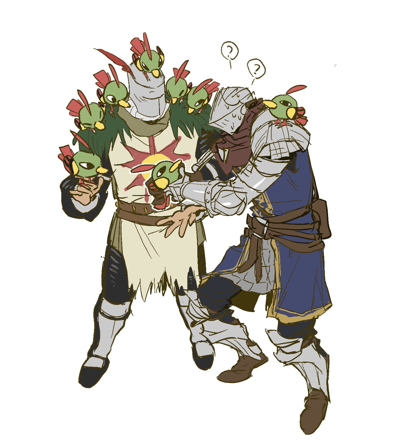 mcs 137, chosen undead, natu, solaire of astora, dark souls (series), dark souls i, nintendo, pokemon, chinese commentary, commentary request, highres, 1boy, 1other, ?, ambiguous gender, animal, animal on head, animal on shoulder, armor, armored boots, bird, bird on hand, bird on head, bird on shoulder, black pants, blue tunic, boots, crossover, full body, gen 2 pokemon, helm, helmet, knight, on head, pants, pauldrons, pokemon (creature), shoulder armor, simple background, standing, tunic, white background, white tunic