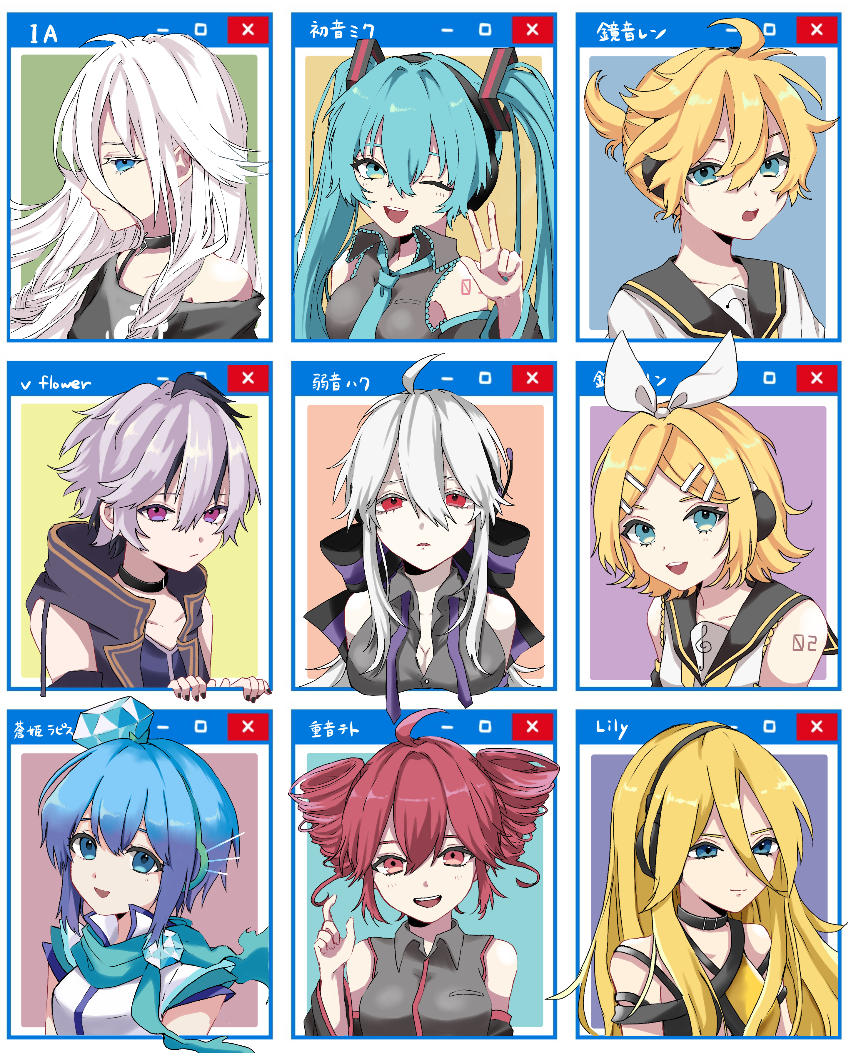 naguno-0713, aoki lapis, flower (vocaloid), flower (vocaloid4), hatsune miku, ia (vocaloid), kagamine len, kagamine rin, kasane teto, kasane teto (utau), lily (vocaloid), yowane haku, utau, vocaloid, absurdres, commentary request, highres, 1boy, 6+girls, :d, ;d, ahoge, aqua eyes, aqua hair, arm tattoo, bass clef, black bow, black hair, black sailor collar, black shirt, black sleeves, blonde hair, blue eyes, blue gemstone, blue hair, bow, breasts, character name, closed mouth, detached sleeves, drill hair, gem, gradient hair, grey hair, grey shirt, hair between eyes, hair bow, hair ornament, hairclip, headphones, large breasts, long hair, long sleeves, looking at viewer, multicolored hair, multiple girls, number tattoo, one eye closed, open mouth, profile, red eyes, red hair, sailor collar, shirt, smile, streaked hair, tattoo, teeth, tongue, treble clef, twin drills, twintails, upper teeth only, w, white bow, white hair, white shirt, window (computing)