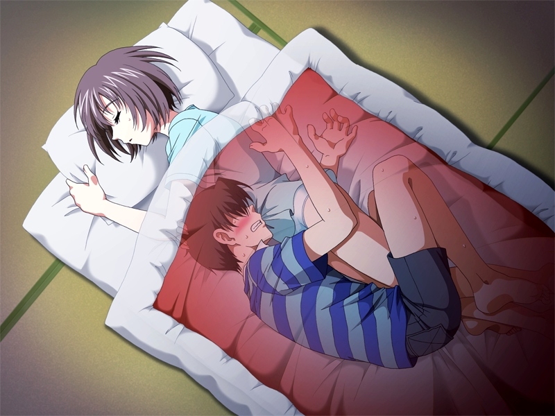 katakura shinji, kawase mana, green green, game cg, source request, 00s, 1boy, 1girl, annoyed, aqua shirt, barefoot, blanket, blouse, blue shirt, blush, brown hair, clenched teeth, collared shirt, covered eyes, feet, floor, from above, from side, full body, hair between eyes, head on stomach, hiding, indoors, legs together, lying, midorikawa yutaka, no pants, on side, pajamas, panties, parted bangs, pillow, purple hair, shirt, short hair, shorts, sleeping, striped clothes, striped shirt, sweat, teeth, under covers, underwear, white panties, x-ray