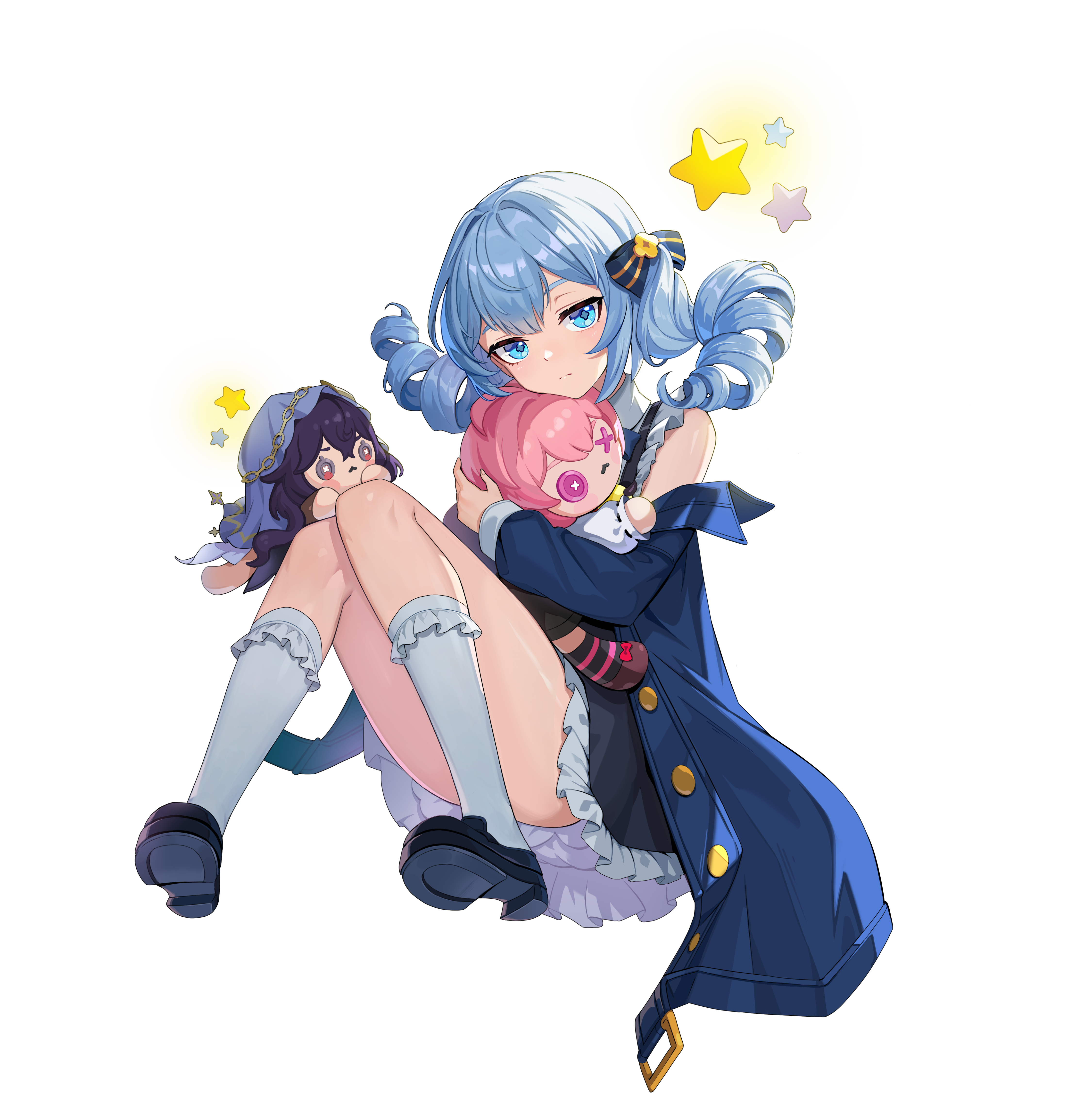 charlotte (solo leveling), harper (solo leveling), honkai: star rail, honkai (series), solo leveling, solo leveling: arise, absurdres, highres, official art, 1girl, black dress, black shoes, blue coat, blue eyes, blue hair, character doll, coat, doll, dress, full body, holding, holding stuffed toy, looking at viewer, open clothes, open coat, shoes, simple background, sitting, sleeveless, sleeveless dress, socks, solo, stuffed toy, transparent background, two-sided fabric, white dress, white socks