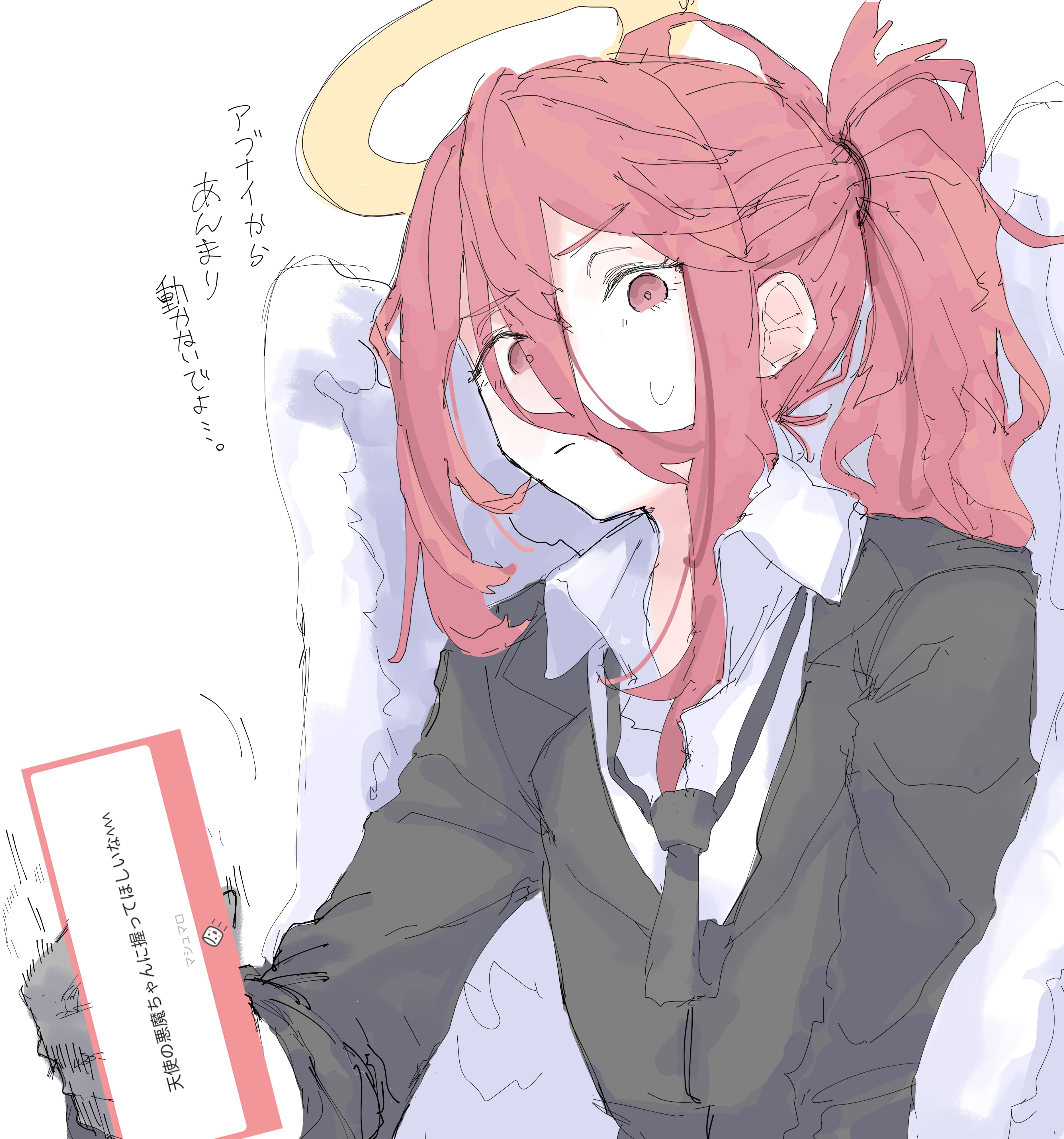 angel devil (chainsaw man), chainsaw man, absurdres, highres, non-web source, 1girl, angel, angel wings, black jacket, black necktie, black suit, business suit, feathered wings, formal clothes, glowing, glowing halo, halo, jacket, necktie, suit, suit jacket, topknot, traditional halo, white wings, wings