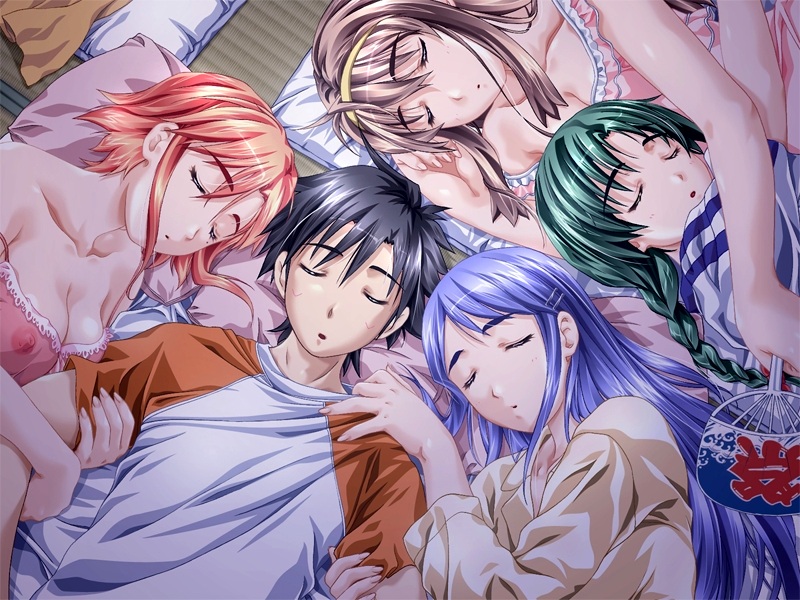 skyhouse, komine akina, komine mitsuru, komine natsuko, komine nechiri, lucha!, one boku, game cg, source request, 1boy, 4girls, breasts, hand fan, harem, multiple girls, nipples, raglan sleeves, see-through clothes, sleeping