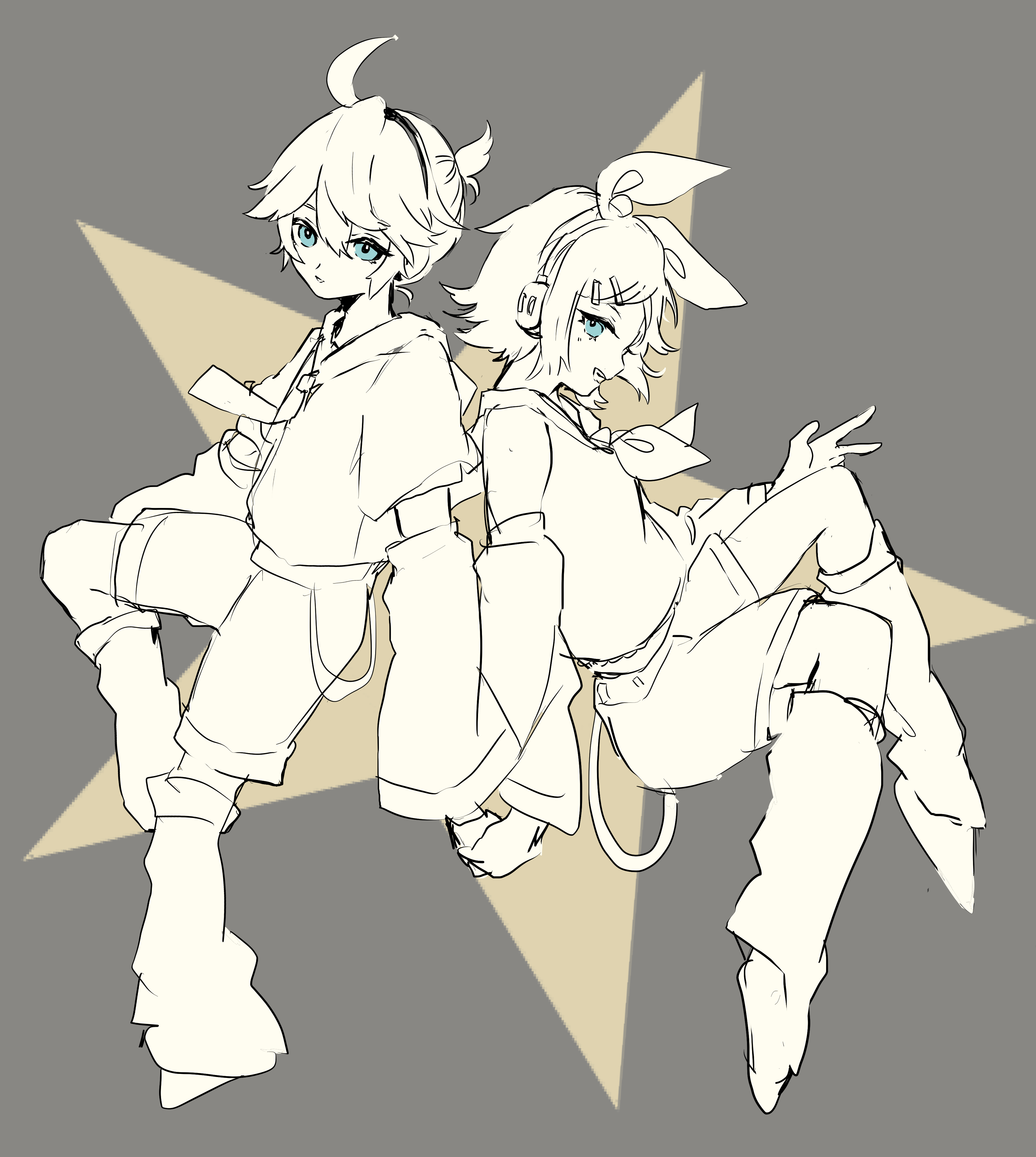 naguno-0713, kagamine len, kagamine rin, vocaloid, absurdres, commentary request, highres, 1boy, 1girl, ahoge, blue eyes, detached sleeves, full body, grey background, leg warmers, limited palette, long sleeves, looking at viewer, medium hair, ponytail, profile, shirt, shoes, short ponytail, shorts, star (symbol)