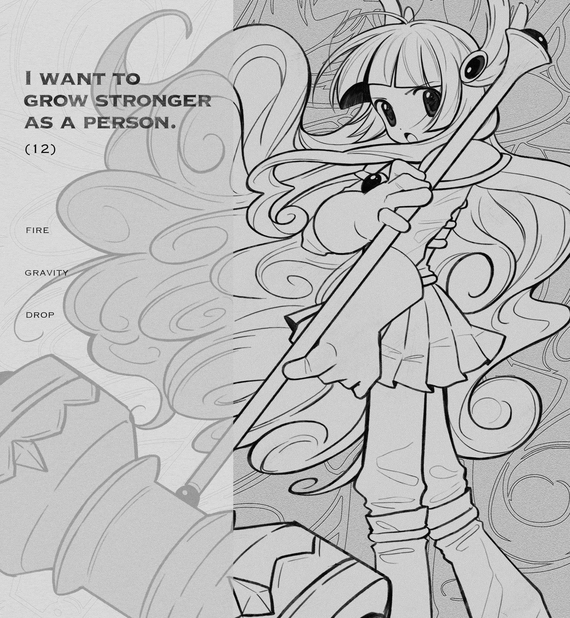 pepeppepe101, original, highres, 1girl, english text, feet out of frame, gloves, greyscale, hammer, holding, holding hammer, holding weapon, long hair, looking at viewer, miniskirt, monochrome, open mouth, pleated skirt, skirt, standing, very long hair, war hammer, weapon