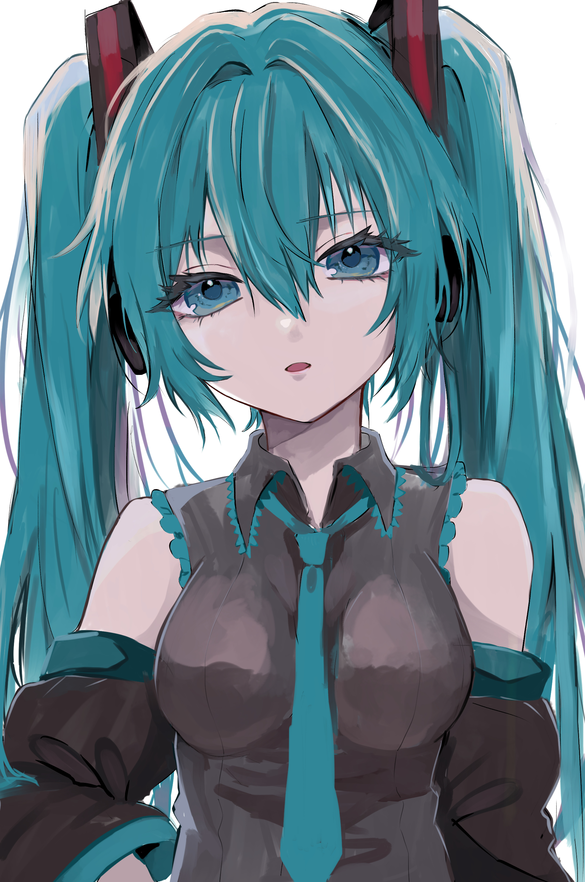 naguno-0713, hatsune miku, vocaloid, absurdres, commentary request, highres, partial commentary, 1girl, aqua eyes, aqua hair, aqua necktie, black sleeves, breasts, collared shirt, detached sleeves, grey shirt, hair between eyes, long hair, long sleeves, looking at viewer, necktie, shirt, sleeveless, sleeveless shirt, solo, twintails, white background
