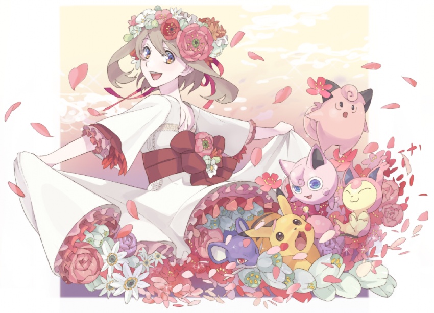 nishihara isao, clefable, clefairy, jigglypuff, may (pokemon), pikachu, rattata, skitty, nintendo, pokemon, pokemon adventures, 1girl, crown, dress, flower, frills, gen 1 pokemon, gen 3 pokemon, head wreath, looking back, petals, pokemon (creature)