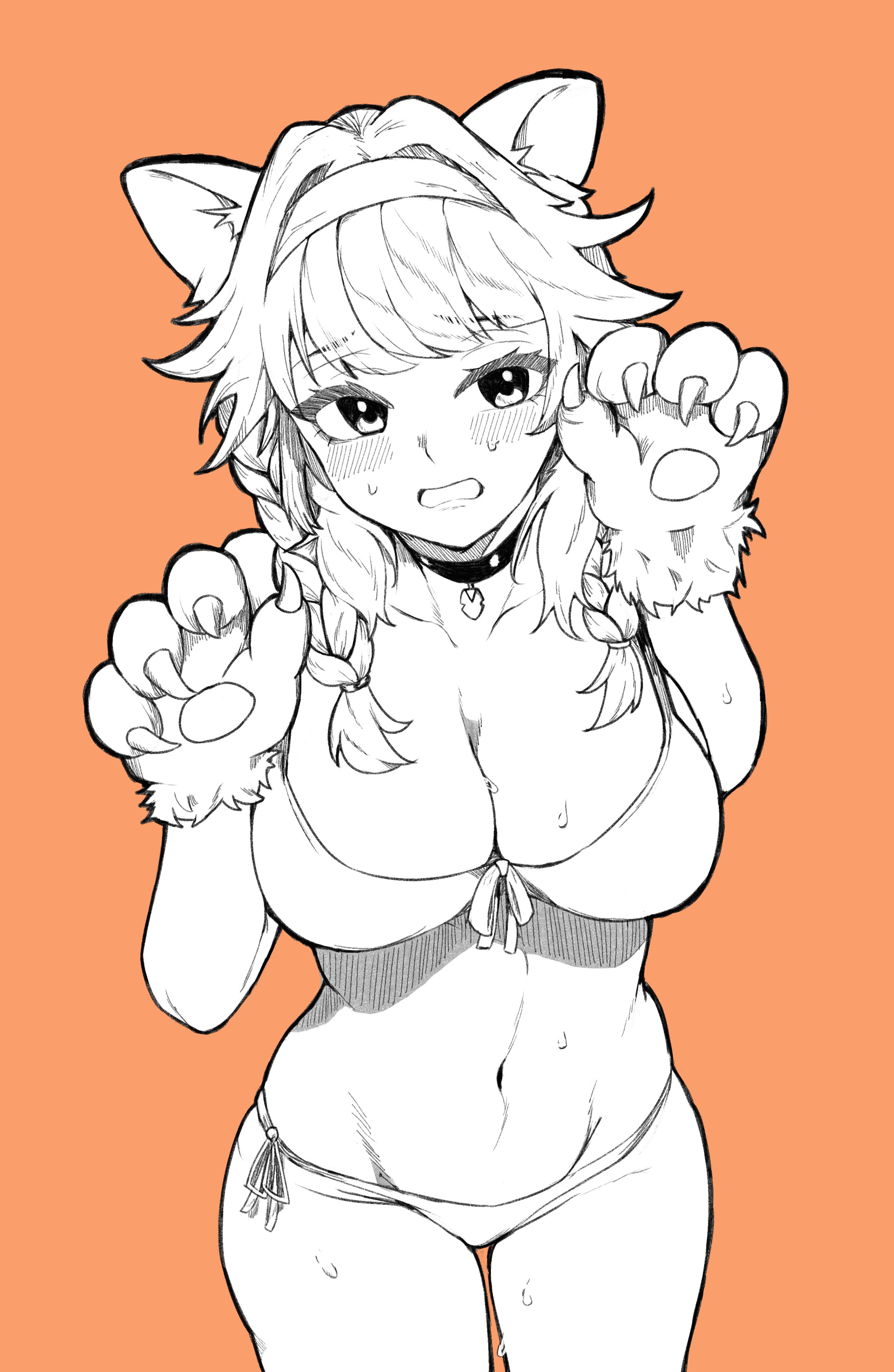 lavacacticus, takanashi kiara, hololive, hololive english, absurdres, commentary, english commentary, highres, 1girl, animal ears, animal hands, bikini, blush, breasts, cat ears, cat paws, cleavage, collar, cowboy shot, embarrassed, hairband, large breasts, long hair, navel, nervous sweating, orange background, partially colored, simple background, solo, stomach, sweat, swimsuit, virtual youtuber