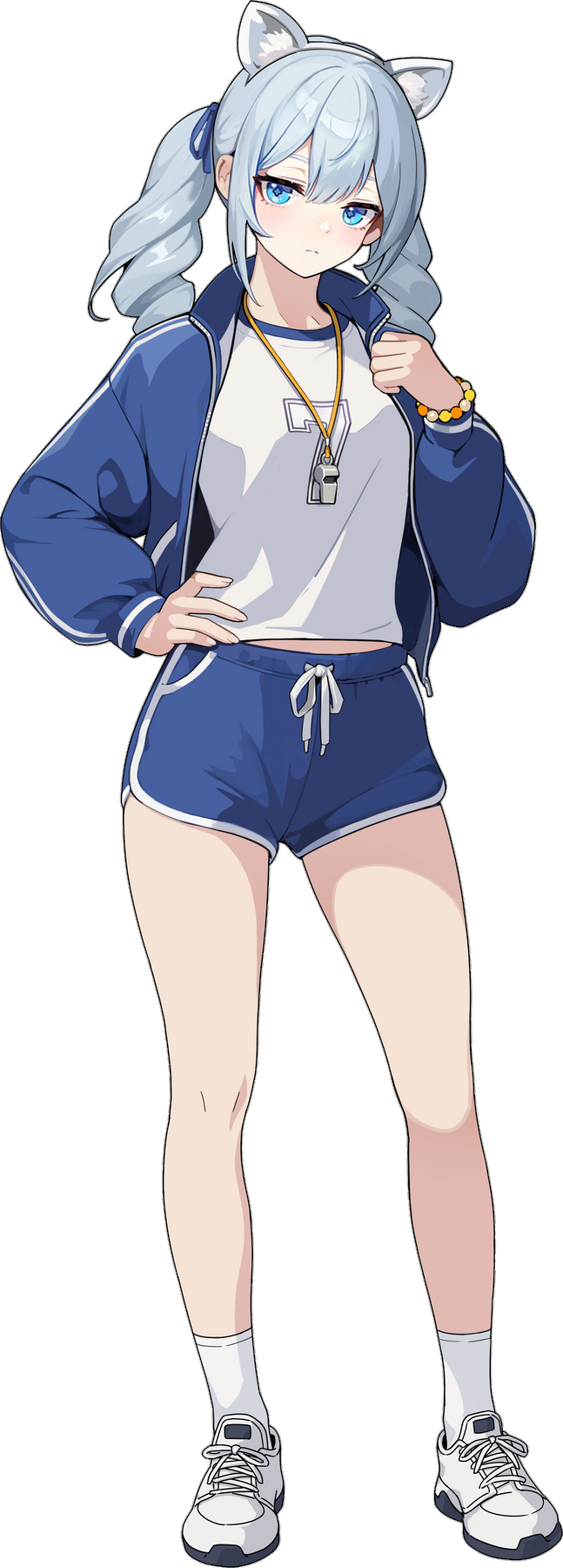 charlotte (solo leveling), solo leveling, solo leveling: arise, highres, official art, 1girl, animal ear hairband, animal ears, blue jacket, blue shorts, cat ear hairband, cat ears, dolphin shorts, drill hair, fake animal ears, full body, hairband, jacket, looking at viewer, official alternate costume, open clothes, open jacket, shirt, shoes, shorts, simple background, socks, solo, transparent background, twin drills, whistle, whistle around neck, white shirt, white shoes, white socks
