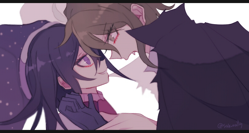 sakura (fein5862817), amami rantaro, oma kokichi, danganronpa (series), danganronpa v3: killing harmony, commentary request, 2boys, aegyo sal, annoyed, black border, black cape, black gloves, blue hat, border, cape, clown, collared cape, evil smile, eyelashes, face-to-face, fang, gloves, green eyes, green hair, hair between eyes, halloween costume, hat, height difference, high collar, holding another's wrist, jester cap, letterboxed, long sleeves, medium hair, messy hair, multiple boys, official alternate costume, open mouth, pale skin, pointy nose, polka dot headwear, purple eyes, purple hair, red vest, shirt, simple background, smile, smug, torn cape, torn clothes, upper body, vampire costume, vest, white background, white shirt