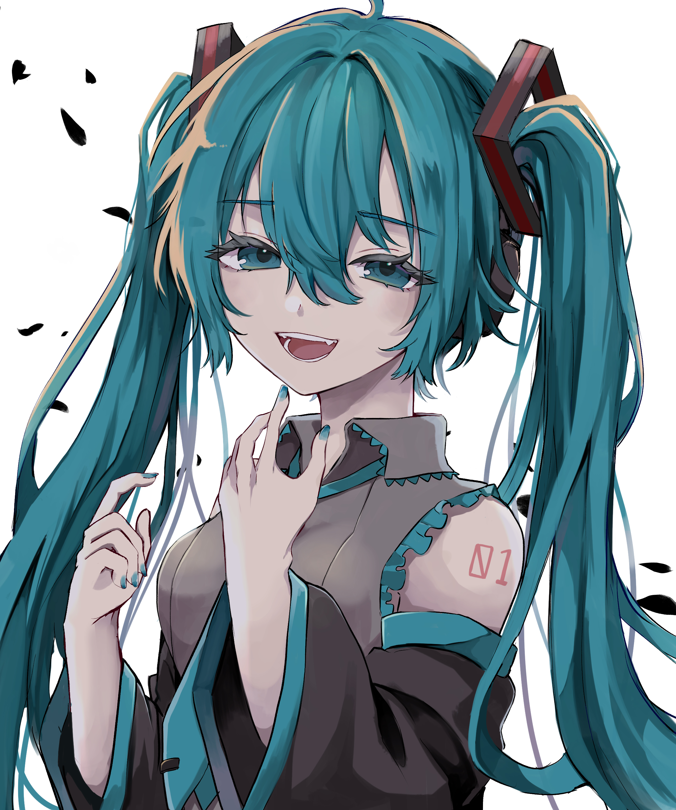 naguno-0713, hatsune miku, vocaloid, absurdres, commentary request, highres, 1girl, :d, ahoge, aqua eyes, aqua hair, aqua nails, aqua necktie, black sleeves, collared shirt, detached sleeves, fang, fingernails, grey shirt, hair between eyes, looking at viewer, nail polish, necktie, number tattoo, open mouth, shirt, shoulder tattoo, sleeveless, sleeveless shirt, smile, solo, tattoo, teeth, tie clip, tongue, twintails, white background