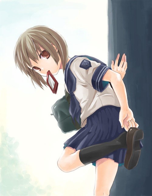 kubyou azami, original, 1girl, adjusting clothes, adjusting shoe, bag, brown eyes, brown hair, female focus, looking back, mouth hold, school uniform, serafuku, short hair, solo, standing, standing on one leg