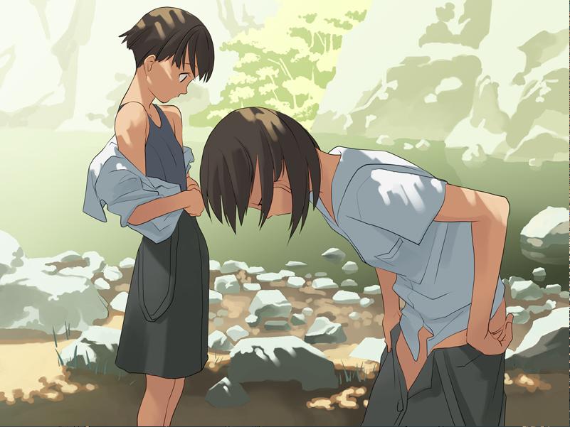 takamichi, homura yuuka, matsukura ai, hate shinaku aoi kono sora no shita de…., game cg, jpeg artifacts, non-web source, 2girls, brown hair, clothes pull, dress shirt, female focus, loli, multiple girls, nature, one-piece swimsuit, open clothes, open shirt, rock, school swimsuit, shirt, short hair, skirt, skirt pull, swimsuit, swimsuit under clothes, undressing