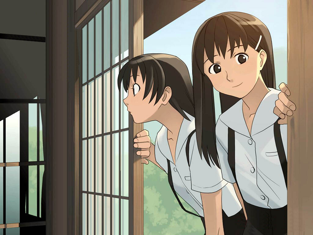 non-web source, 2girls, brown eyes, brown hair, long hair, multiple girls, smile, suspenders