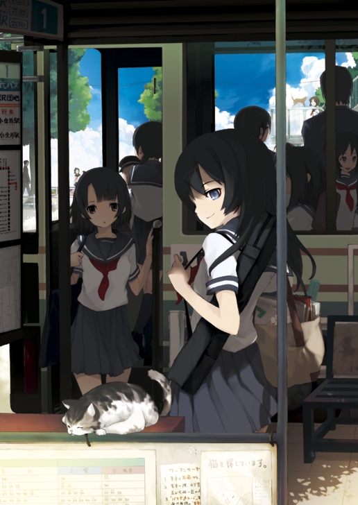 kusano houki, non-web source, 6+girls, bag, black hair, blue eyes, cat, cloud, day, looking back, multiple girls, school uniform, serafuku, short hair, sky