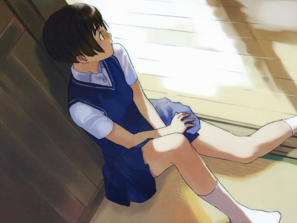 takamichi, non-web source, 1girl, brown hair, dress, female focus, short hair, sitting, solo, tatami