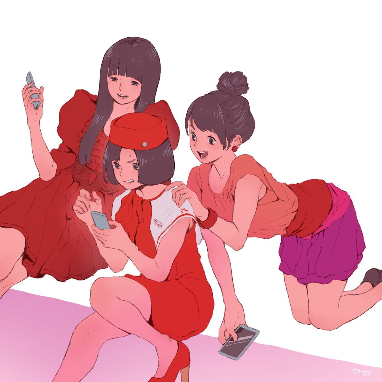 otsuzaka, a~chan, kashiyuka, nocchi (perfume), perfume (band), real life, commentary, highres, 3girls, blunt bangs, bob cut, dress, earrings, hair bun, hat, high heels, holding, holding phone, jewelry, long hair, multiple girls, phone, puffy sleeves, red dress, red hat, red shoes, shoes, skirt, sleeveless, smile, sweatdrop