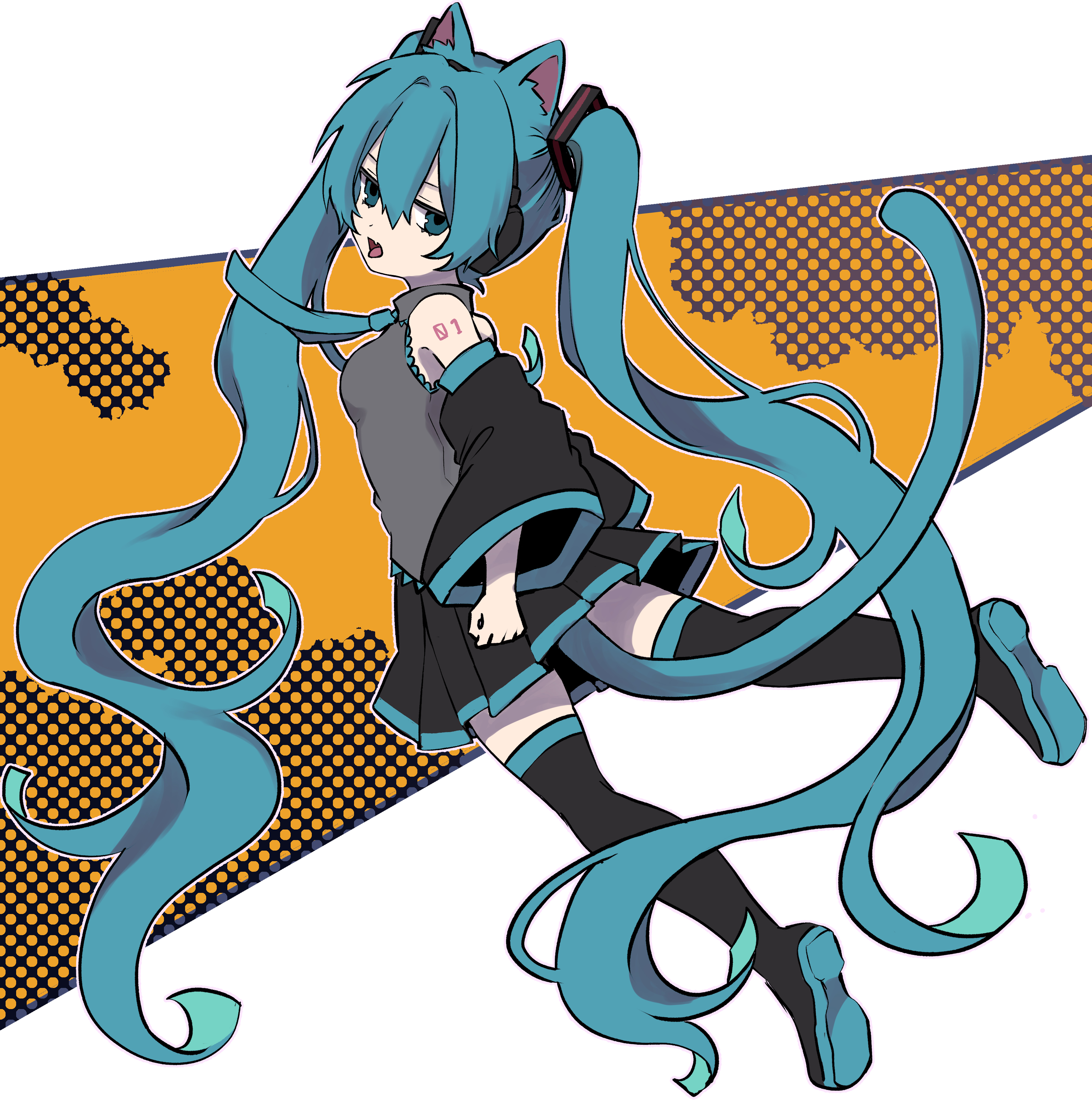 naguno-0713, hatsune miku, vocaloid, absurdres, commentary request, highres, 1girl, animal ears, aqua eyes, aqua hair, aqua necktie, arm tattoo, black shoes, black skirt, boots, cat ears, cat girl, cat tail, collared shirt, fang, full body, grey shirt, hair between eyes, long hair, looking at viewer, necktie, number tattoo, pleated skirt, shirt, shoes, skirt, solo, tail, tattoo, thigh boots, tongue, twintails, very long hair