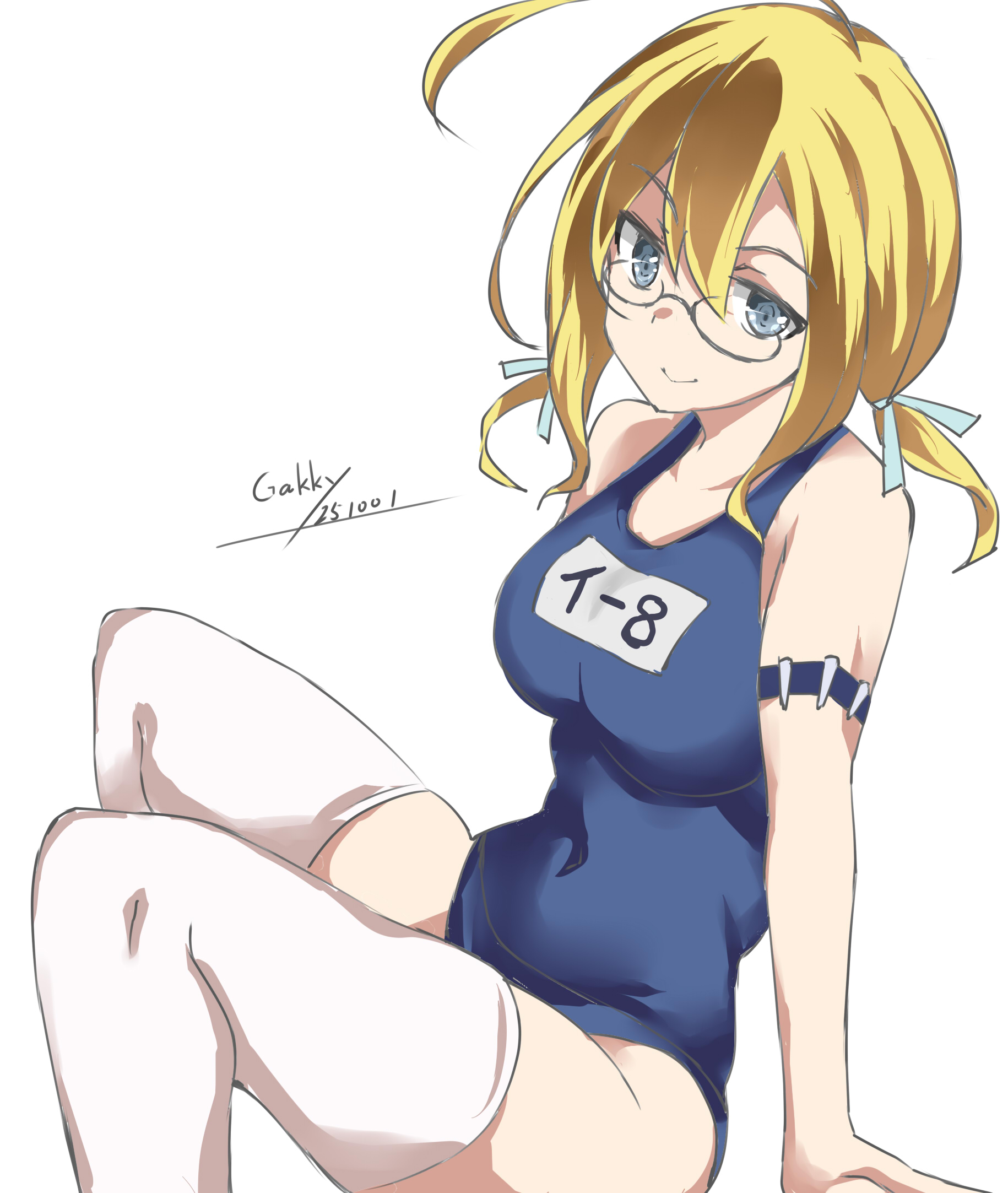 gakky, i-8 (kancolle), kantai collection, highres, 1girl, ahoge, arm garter, artist name, blonde hair, blue eyes, blush, breasts, collarbone, dated, glasses, hair ribbon, hat, large breasts, long hair, looking at viewer, low twintails, one-piece swimsuit, red-framed eyewear, ribbon, school swimsuit, sitting, smile, solo, swimsuit, thighhighs, twintails, unworn hat, unworn headwear, white background, white thighhighs