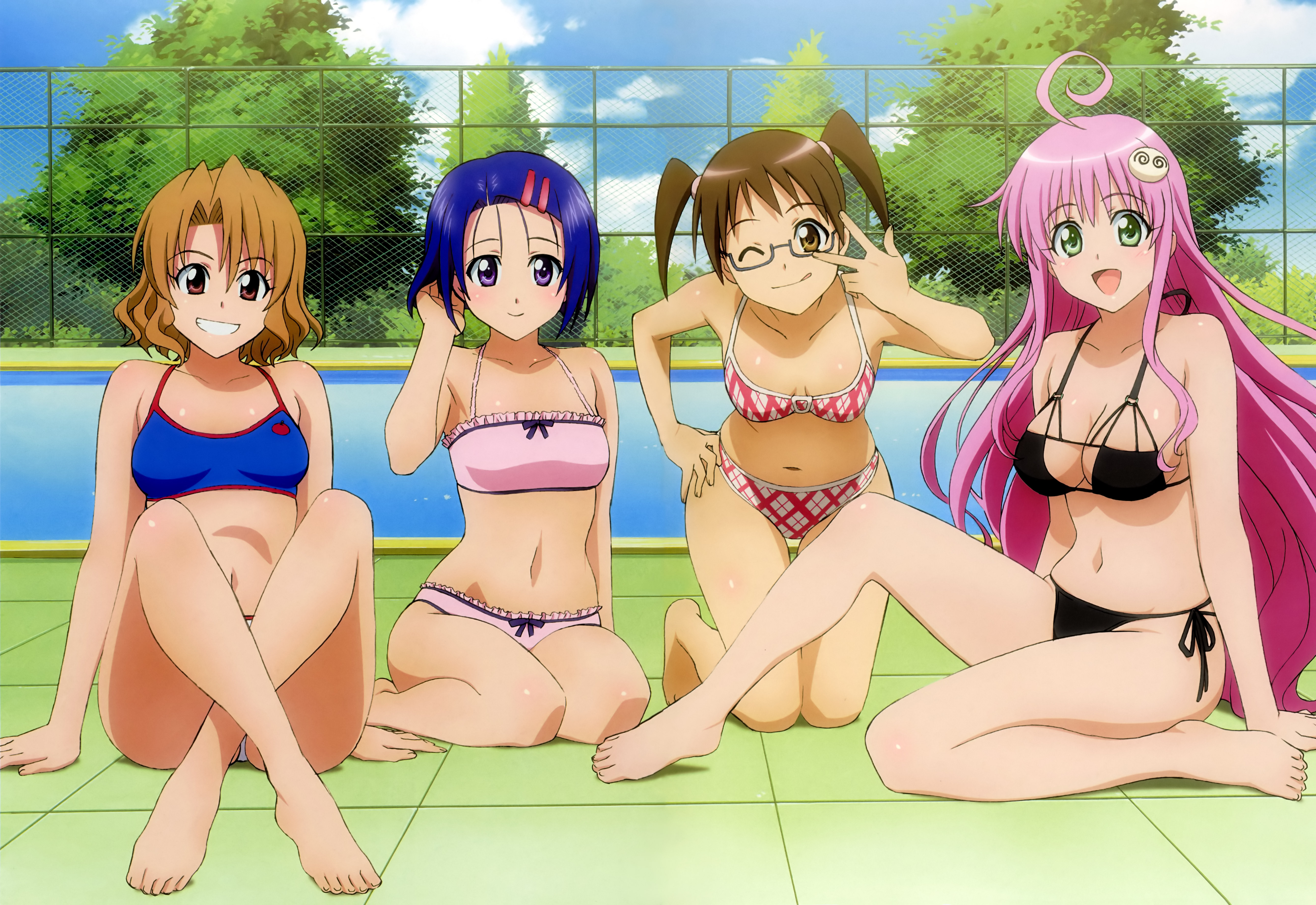 lala satalin deviluke, momioka risa, peke (to love-ru), sairenji haruna, sawada mio, to love-ru, absurdres, highres, non-web source, 00s, 4girls, :d, ;q, barefoot, bikini, blue hair, breasts, brown eyes, brown hair, chain-link fence, cleavage, day, feet, fence, glasses, green eyes, grin, kneeling, large breasts, long hair, looking at viewer, multiple girls, navel, one eye closed, open mouth, outdoors, pink hair, pool, poolside, purple eyes, purple hair, short hair, smile, swimsuit, thigh gap, tongue, tongue out, tree, twintails, v, v over eye, very long hair, wink