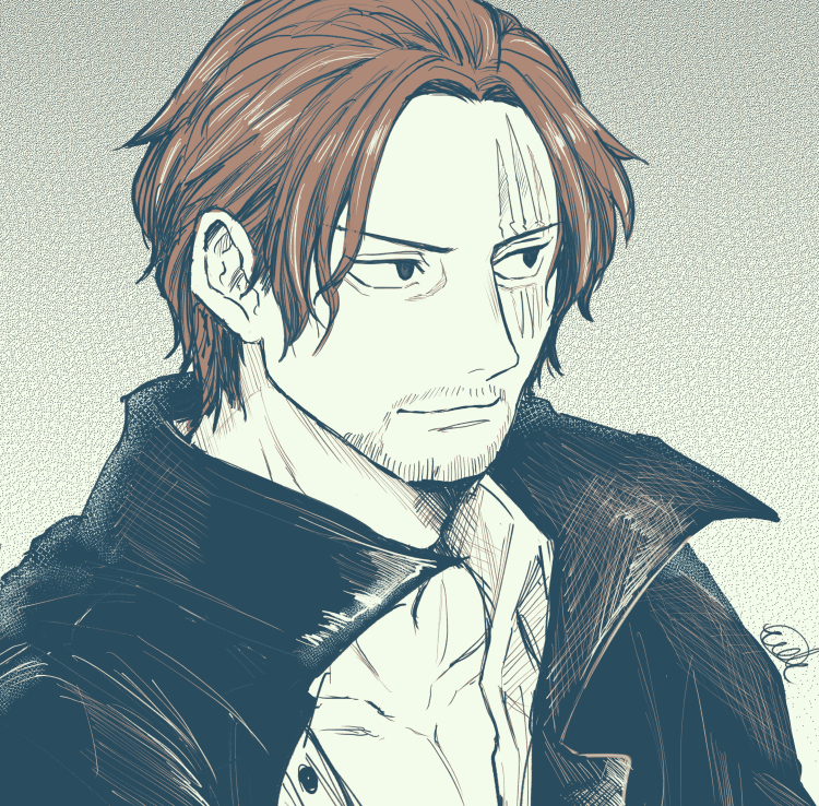 udaa (ahirucook), shanks (one piece), one piece, 1boy, beard stubble, cape, closed mouth, collared shirt, facial hair, looking ahead, male focus, red hair, scar, scar across eye, scar on face, shirt, short hair, solo, stubble, upper body