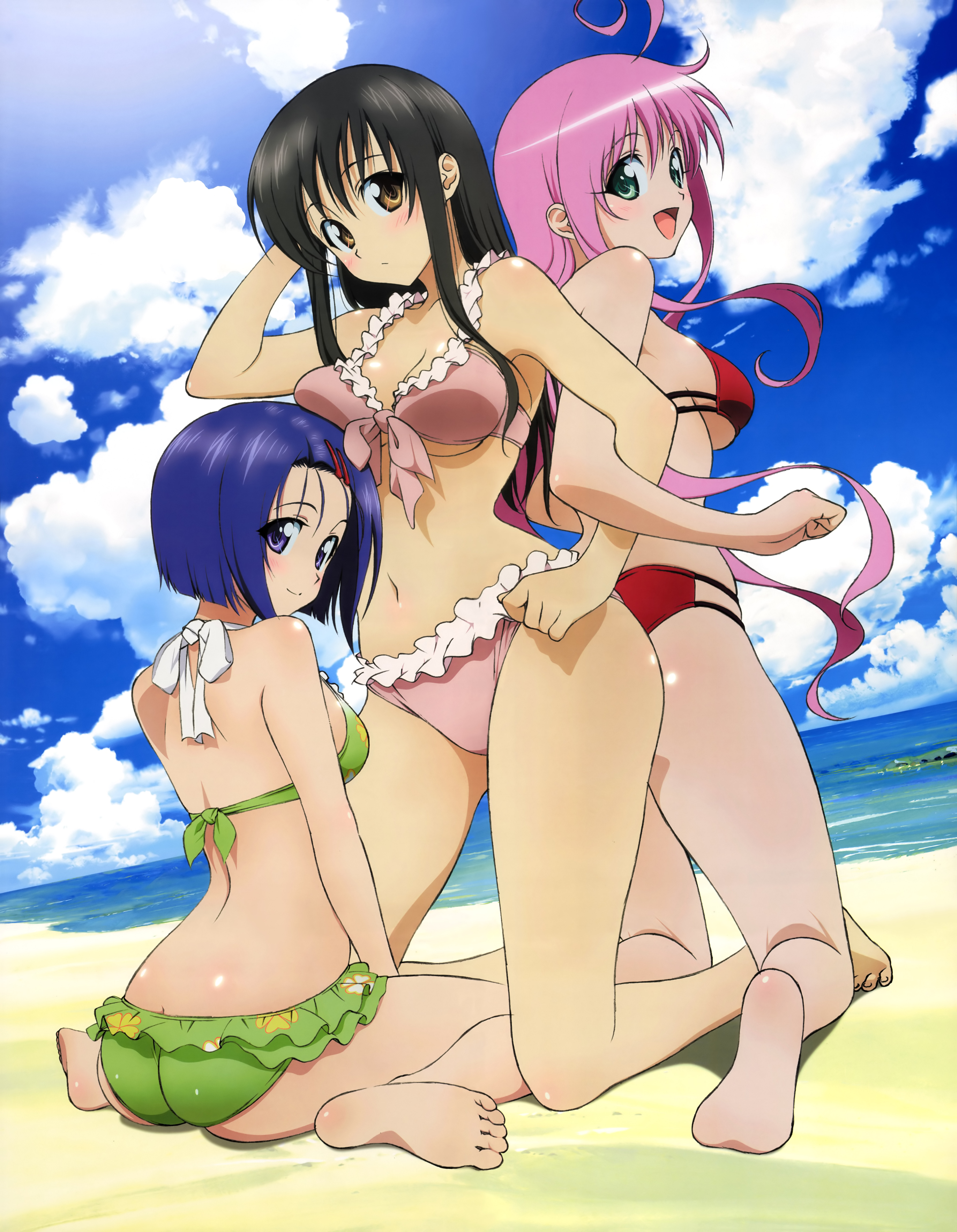 takami akio, kotegawa yui, lala satalin deviluke, sairenji haruna, to love-ru, absurdres, highres, huge filesize, non-web source, 00s, 3girls, ass, barefoot, beach, bikini, black hair, blue hair, bob cut, breast rest, breasts, breasts on head, brown eyes, butt crack, day, feet, frilled bikini, frills, front-tie top, green eyes, kneeling, medium breasts, multi-strapped bikini bottom, multi-strapped bikini top, multiple girls, outdoors, pink hair, purple eyes, sitting, soles, swimsuit, underboob