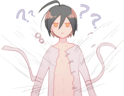 sakura (fein5862817), oma kokichi, saihara shuichi, danganronpa (series), danganronpa v3: killing harmony, 1boy, ?, ??, ahoge, arm belt, bare pectorals, belt, black hair, chain, closed mouth, collarbone, cosplay, hair between eyes, jacket, long eyelashes, long sleeves, male focus, motion lines, navel, oma kokichi (cosplay), open belt, open clothes, open jacket, pectorals, short hair, simple background, solo, straight-on, unamused, undersized clothes, upper body, white background, white belt, white jacket, yellow eyes