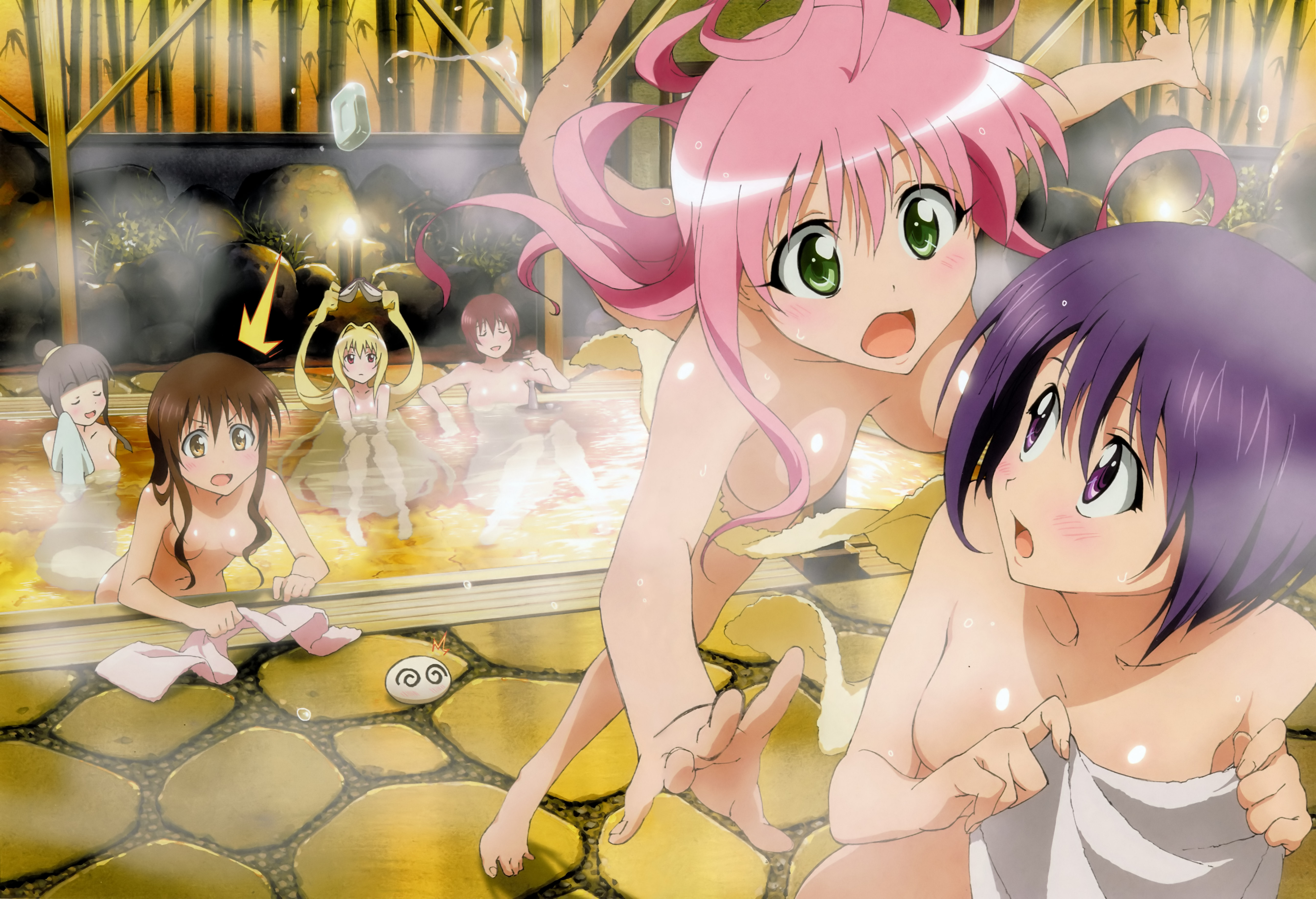 takami akio, konjiki no yami, lala satalin deviluke, mikado ryouko, murasame oshizu, peke (to love-ru), sairenji haruna, yuuki mikan, to love-ru, absurdres, highres, non-web source, 00s, 5girls, black hair, blonde hair, blue hair, book, breasts, brown hair, censored, cleavage, closed eyes, convenient censoring, green eyes, long hair, medium breasts, multiple girls, nude, onsen, open book, pink hair, prehensile hair, purple eyes, reading, red eyes, red hair, short hair, small breasts, soap, towel, very long hair, yellow eyes