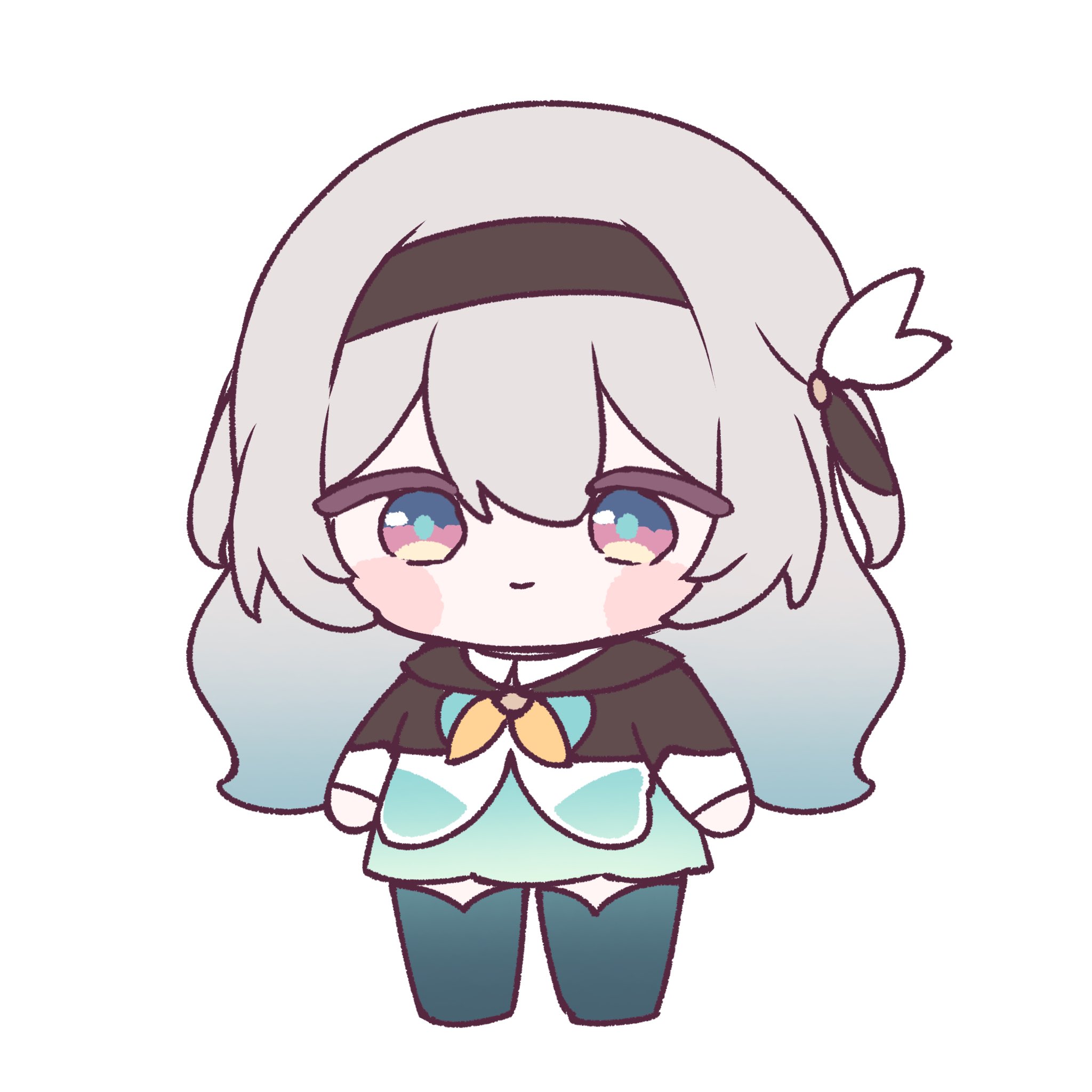 mikurumikurumi, firefly (honkai: star rail), honkai: star rail, honkai (series), highres, aqua skirt, aqua thighhighs, black hairband, black jacket, blue pupils, bridal gauntlets, cropped jacket, gradient eyes, gradient hair, green pupils, green thighhighs, grey hair, hair between eyes, hair intakes, hairband, jacket, multicolored eyes, multicolored hair, neckerchief, orange neckerchief, single bridal gauntlet, skirt, thighhighs, two-tone eyes