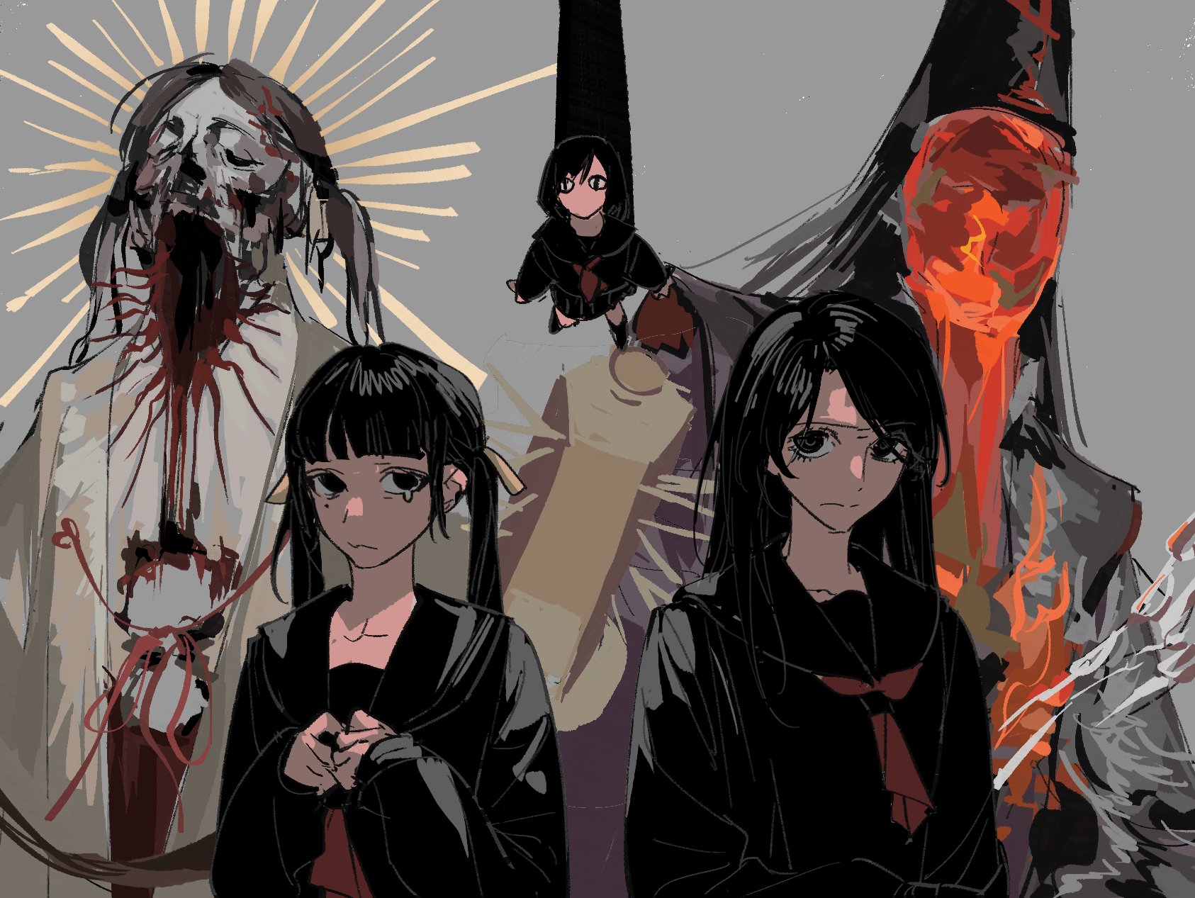 shimizu hinako, silent hill (series), silent hill f, highres, 1girl, black hair, black sailor collar, black sclera, black serafuku, colored sclera, japanese clothes, lineart, long hair, neckerchief, oyianii, ponytail, red neckerchief, sailor collar, school uniform, serafuku, sketch