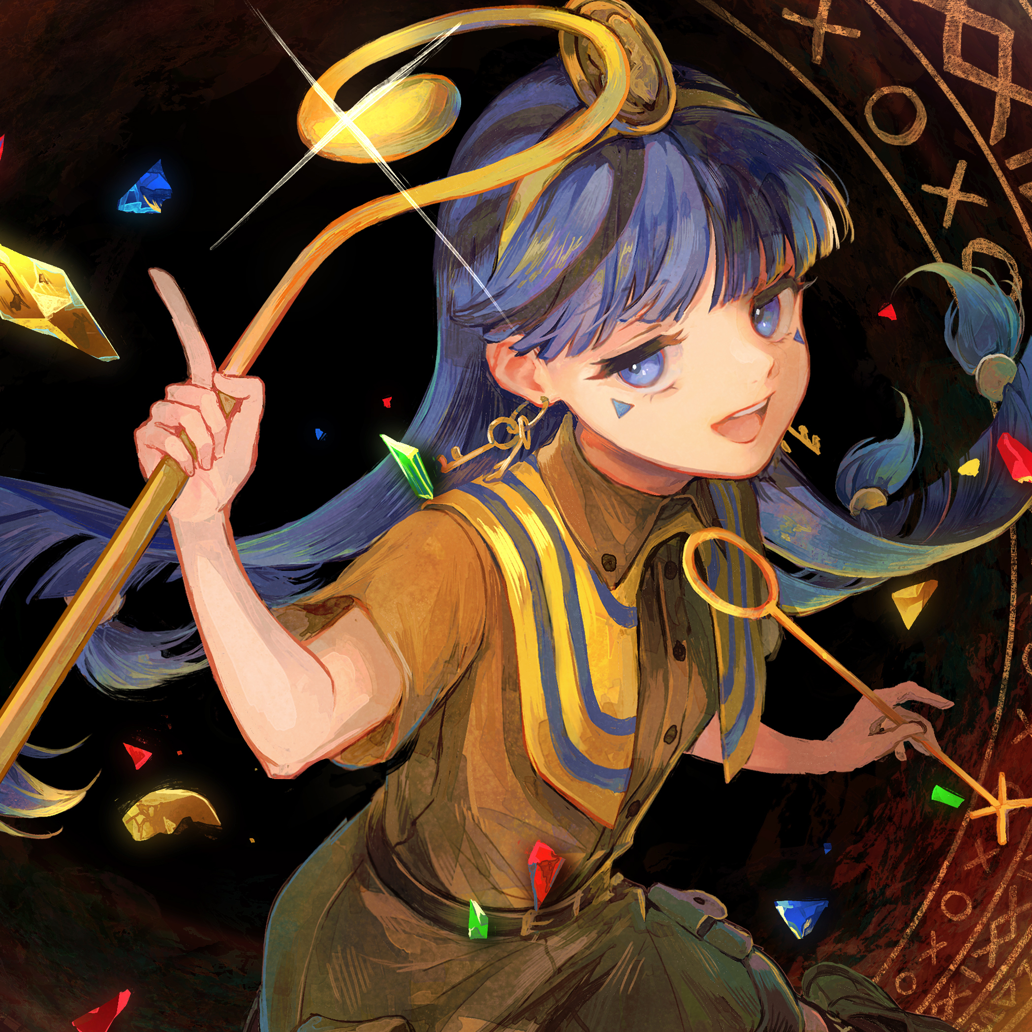 gensou aporo, michigami nareko, touhou, commentary, highres, 1girl, :d, album cover, black background, blue eyes, blue gemstone, blue hair, brown shirt, brown shorts, buttons, capelet, cover, earrings, facial mark, foot out of frame, from above, gem, gold headdress, green gemstone, hand up, holding, holding scepter, holding staff, index finger raised, jewelry, key earrings, long hair, magic circle, open mouth, poltanest, red gemstone, scepter, shirt, shorts, sideways glance, smile, solo, staff, teeth, triangle, triangle facial mark, upper teeth only, yellow capelet, yellow gemstone